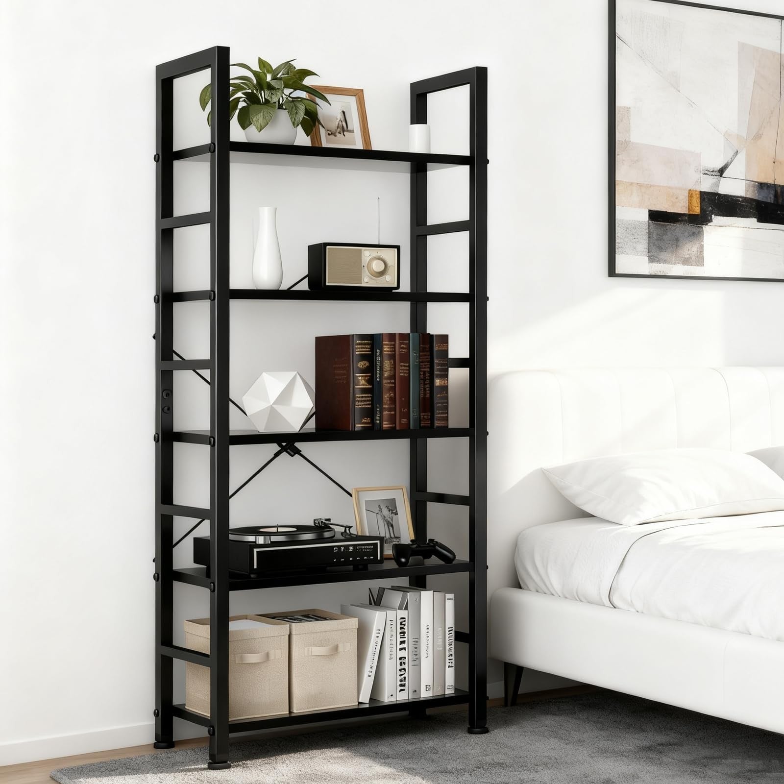 SageNest 5-tier wooden bookshelf with open metal frame for stylish storage and organization of books and decorative items.