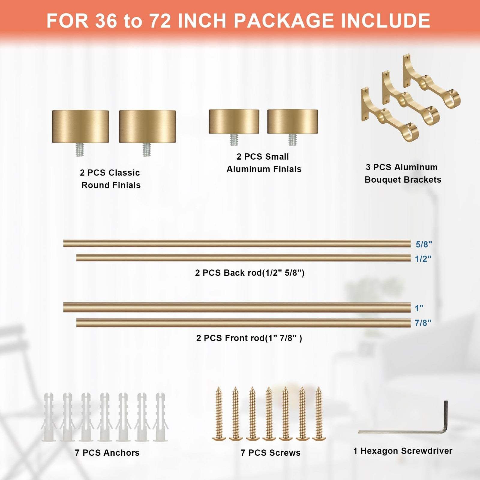 Lwiiom warm gold aluminum double curtain rods adjustable 36-72 inches with end caps and brackets