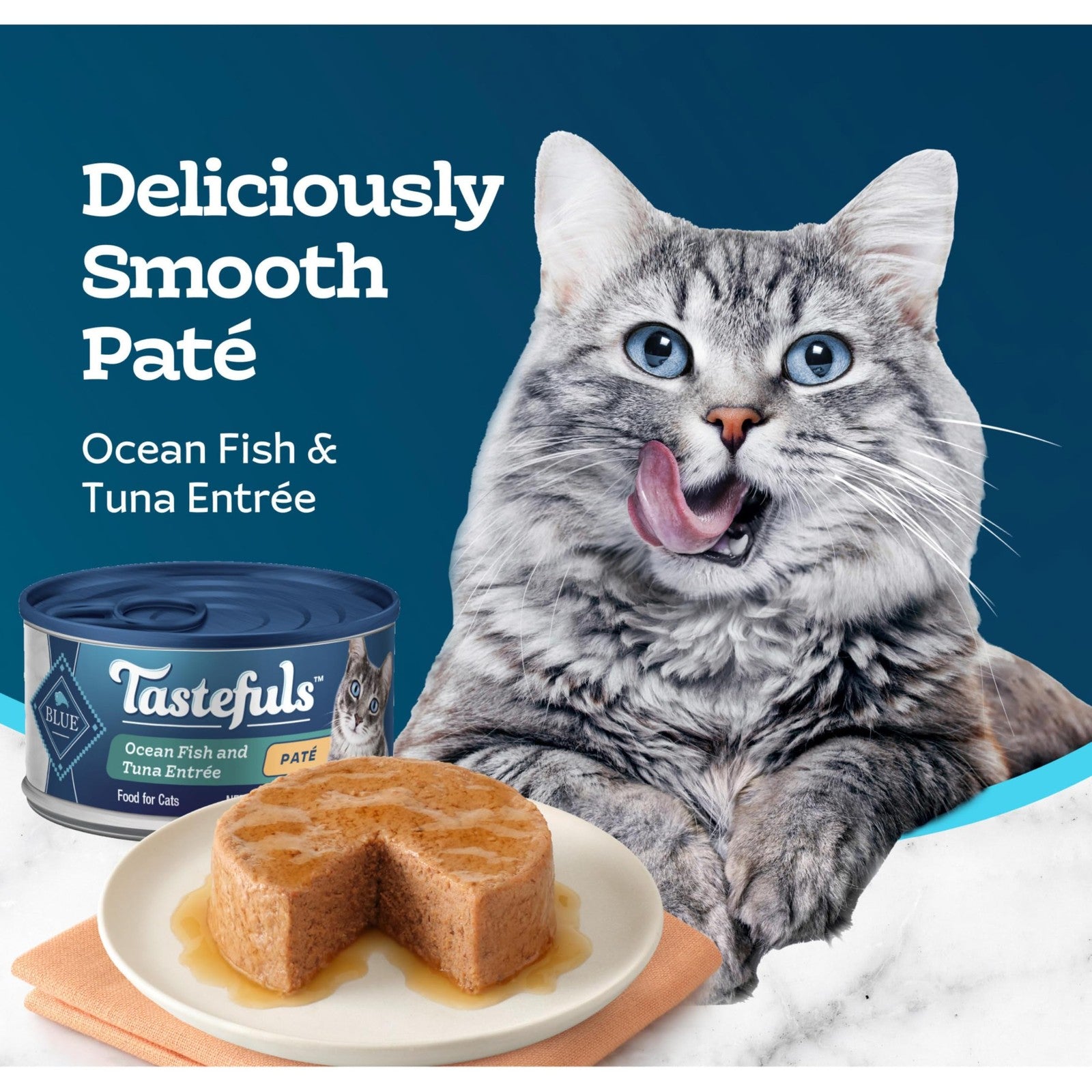 Blue Buffalo Tastefuls wet cat food pâté with natural ingredients, featuring a bowl of ocean-flavored cat food on a white background.