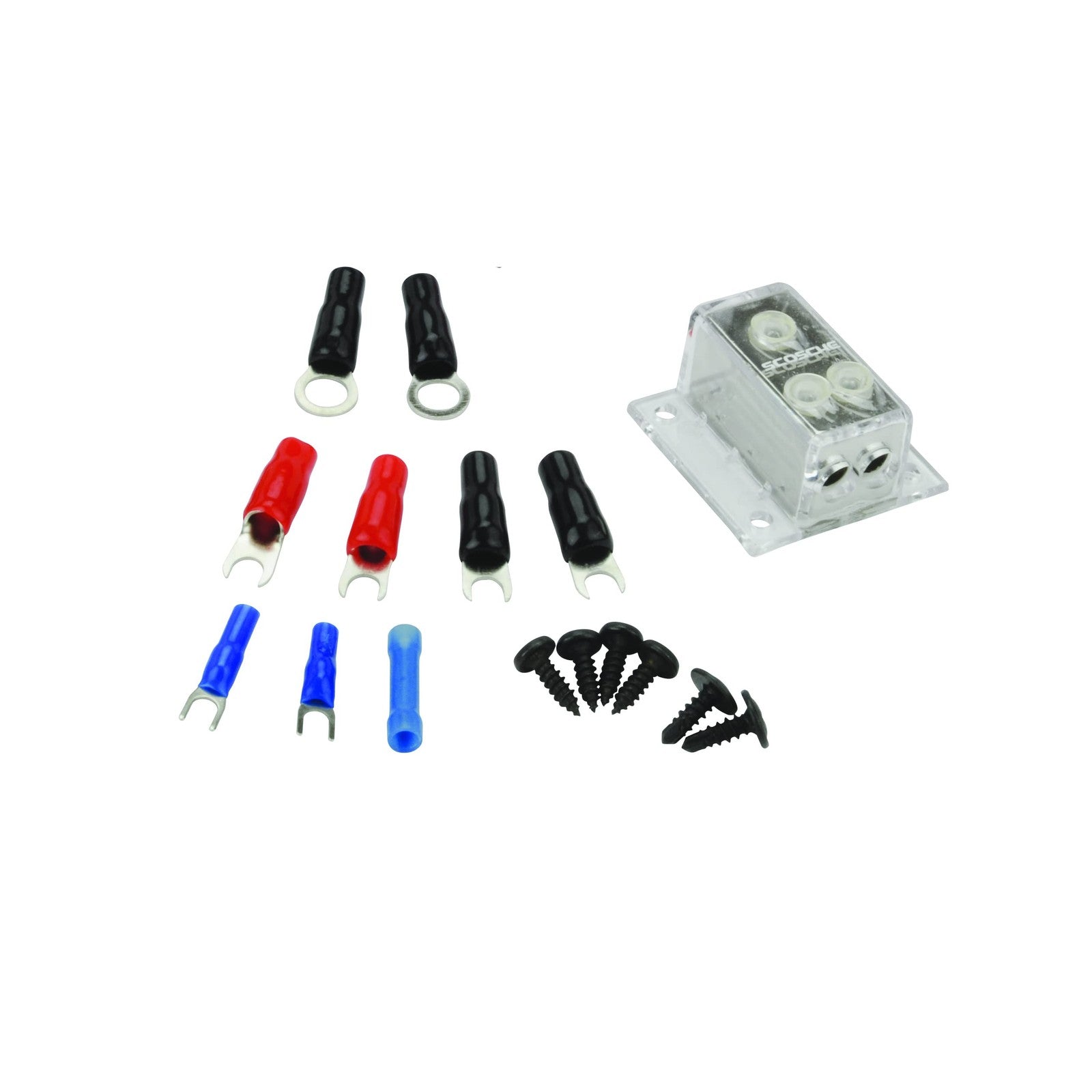 Scosche KDADCCSD high current dual car amplifier wiring kit with cables and connectors for add-on car audio amplifier installation.