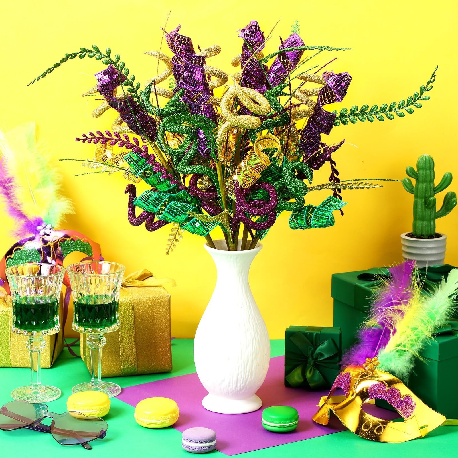 Zeyune 6-piece Mardi Gras decoration picks with purple and green accents, 17.7-inch table centerpiece accessories.