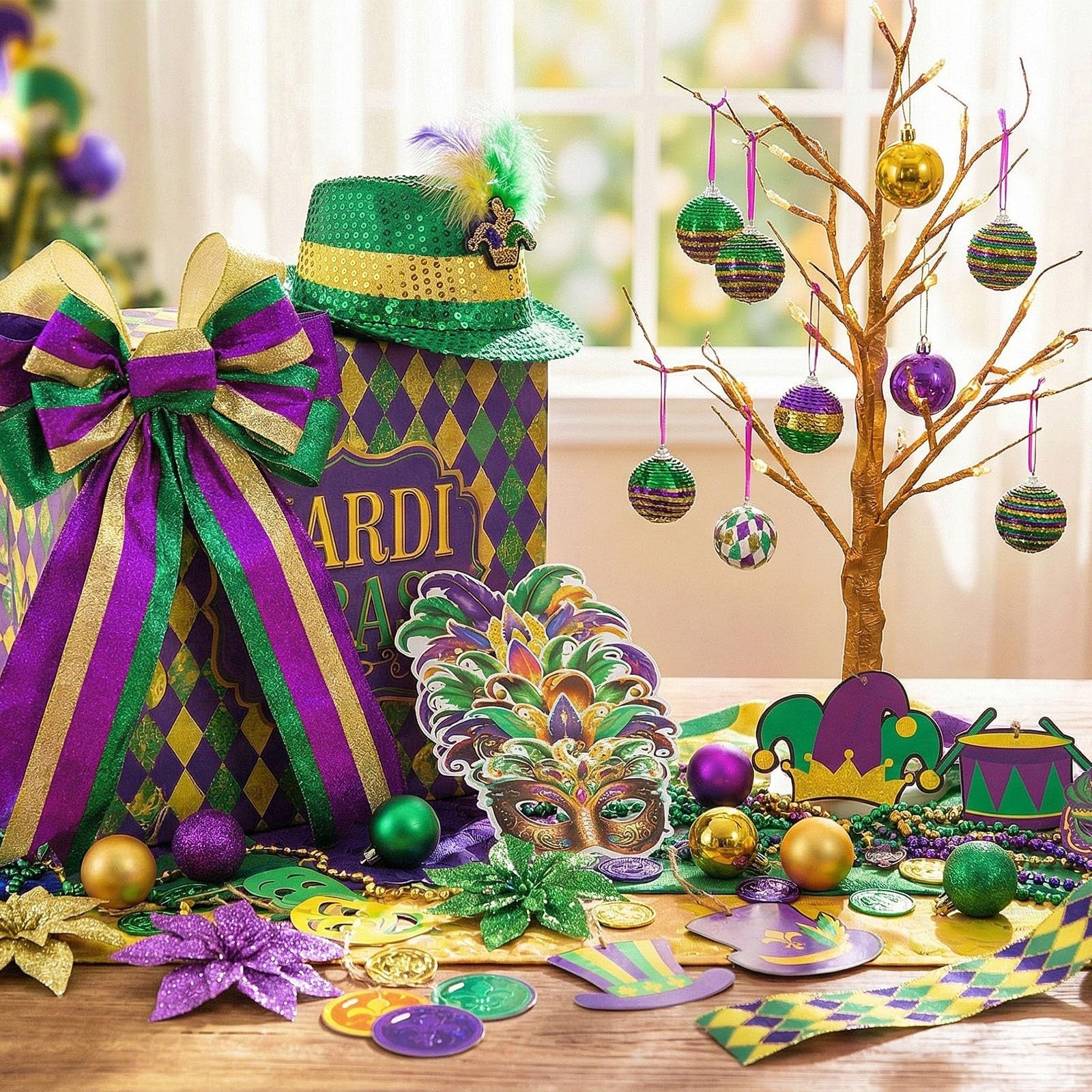 Halfchet 43-piece Mardi Gras themed tree decorations with hanging ornaments for festive Mardi Gras celebrations.