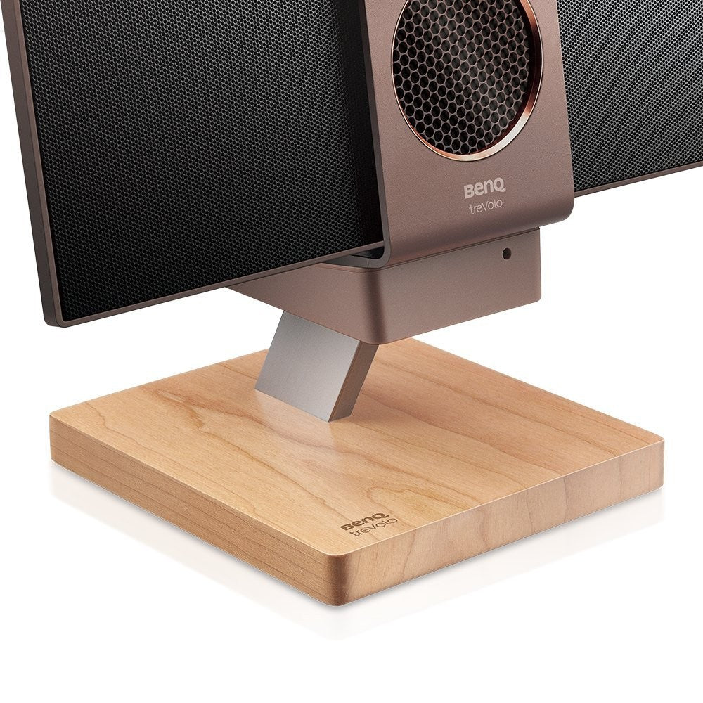 BenQ treVolo stand in cherry wood for portable Bluetooth speakers treVolo and treVolo 2, showing the sleek design and wood finish.