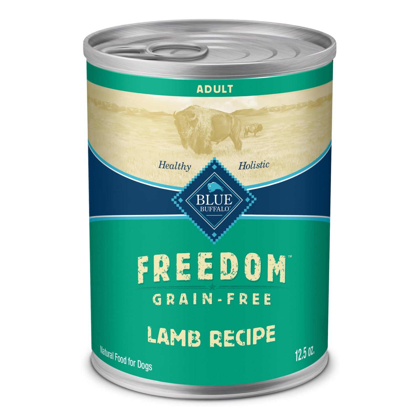 Blue Buffalo Freedom grain-free wet dog food cans with lamb flavor, 12.5 oz each, set of 12, featuring colorful packaging.