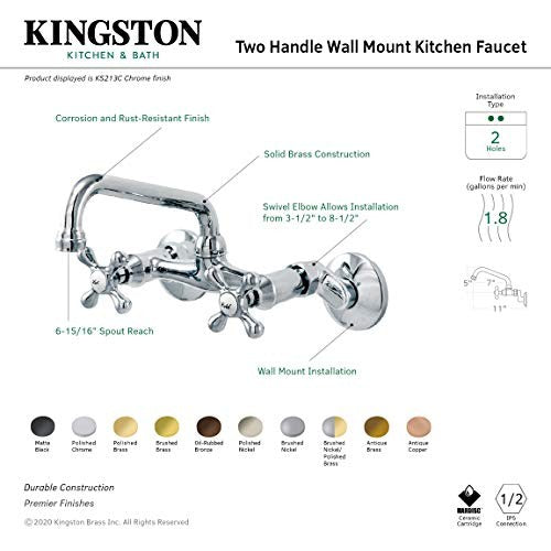 Kingston Brass KS213SN two handle wall mount kitchen faucet with brushed nickel finish, featuring dual handles and a sleek spout.