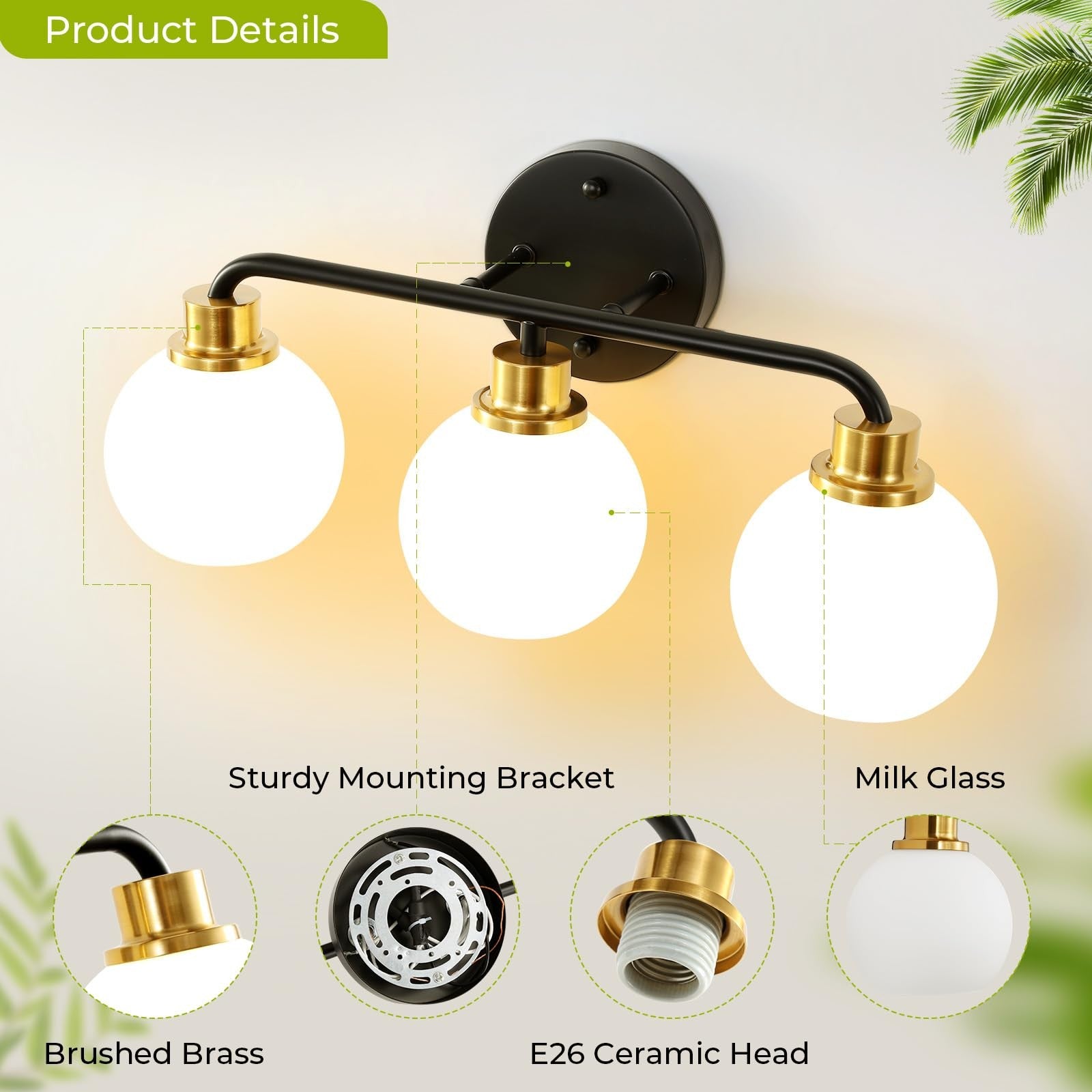 Watyo 3-light black and gold bathroom vanity light fixture with milk glass shades, modern and elegant for bathroom decor.