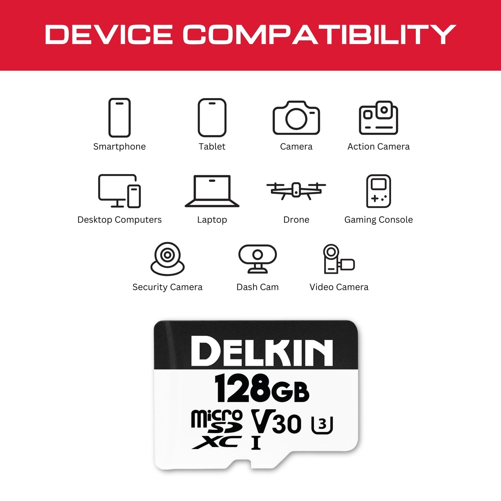 Delkin Devices 128GB Hyperspeed Micro SD Card with Adapter, UHS-I, 100MB/s read speed, compact storage solution.