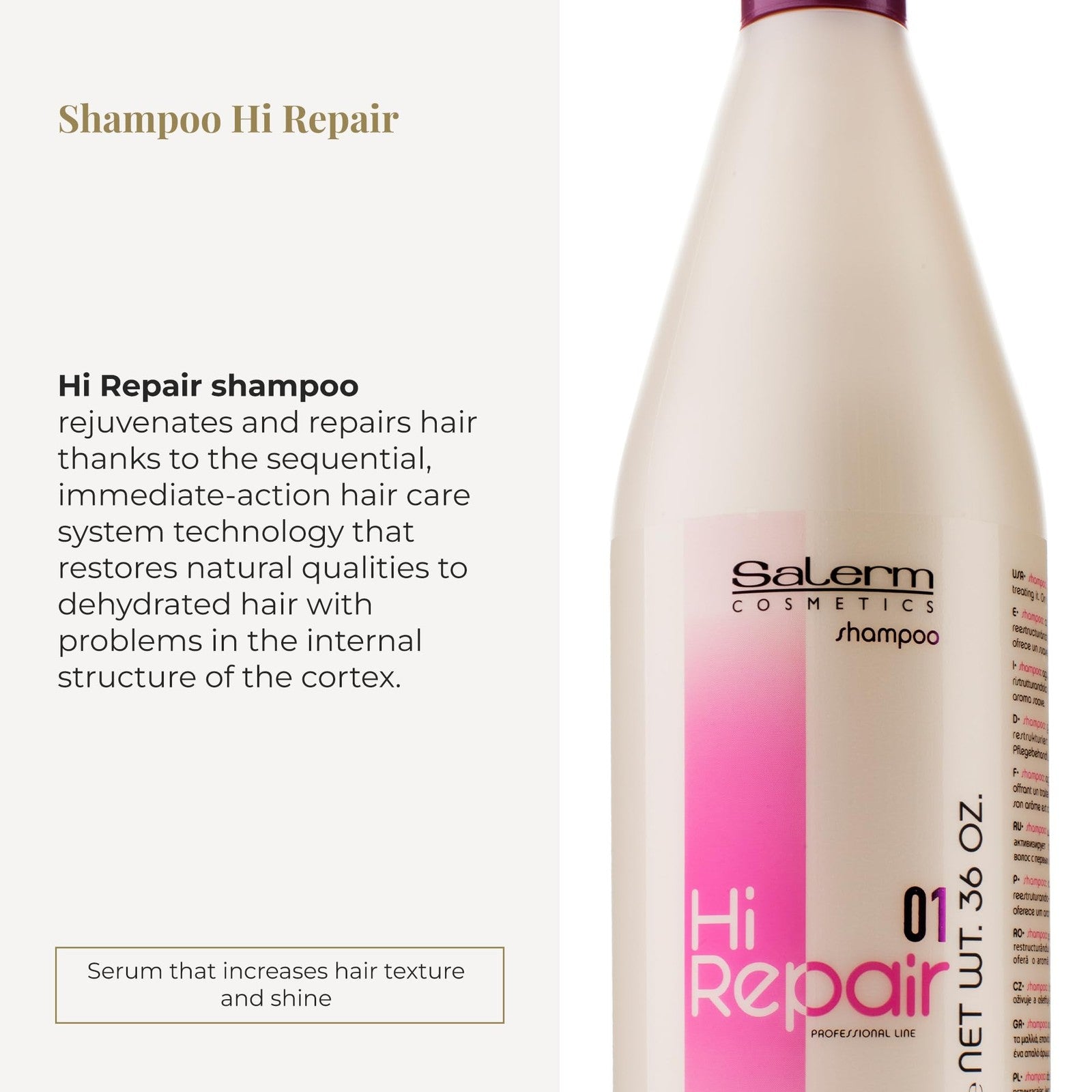SALERM Hi Repair Shampoo 1000ml bottle, deep hydrating repairing shampoo for damaged hair, with a sleek white and green design.