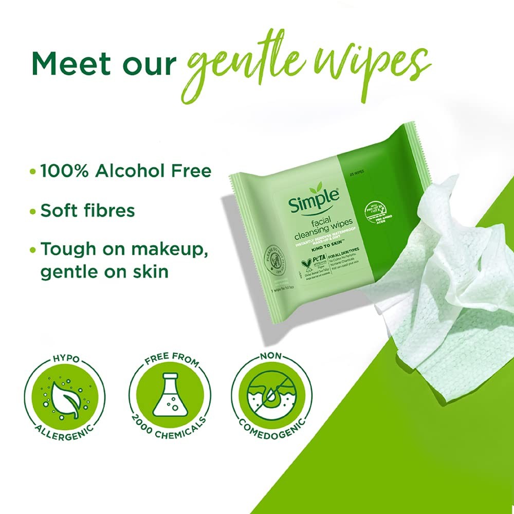 Simple Kind to Skin cleansing facial wipes in a 25-count pack, shown in a six-pack box, suitable for gentle facial cleansing.