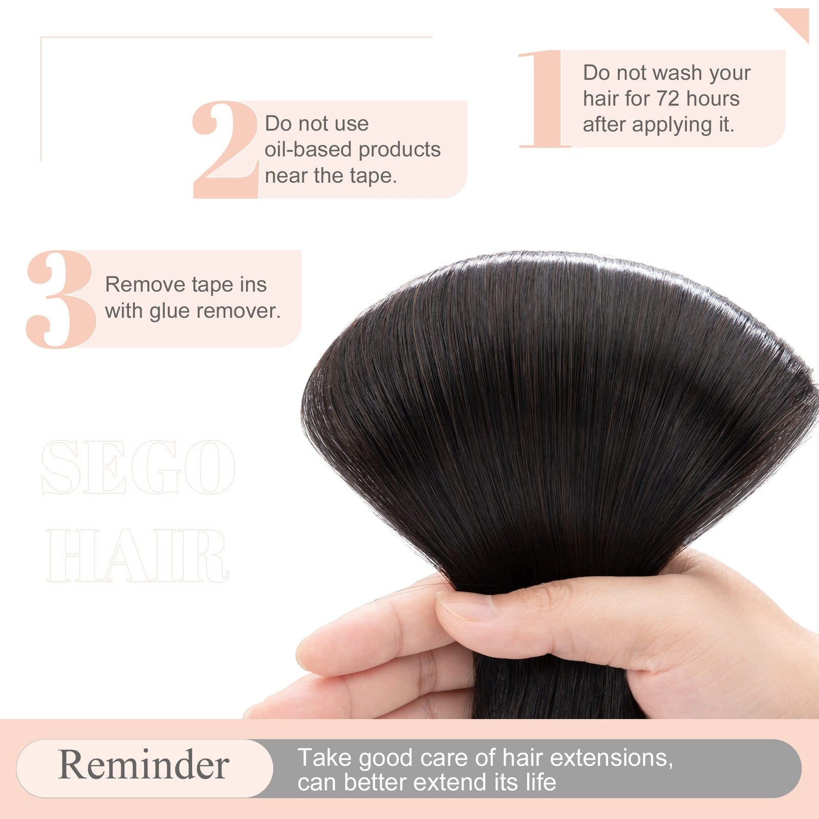 Set of 20 black Remy human hair tape-in extensions from Sego, 22 inches long, displayed on a flat surface.