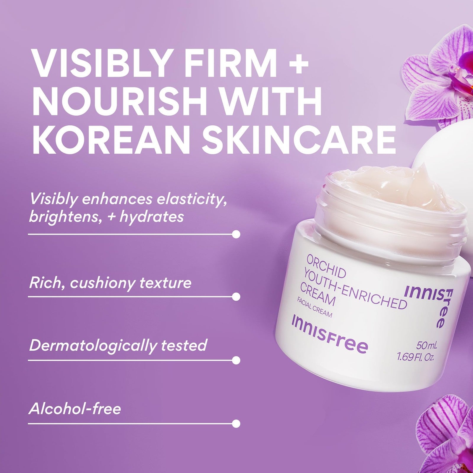 Innifree Orchid Youth-Enriched Cream jar, Korean face moisturizer with orchid extract for firming and hydrating skin.