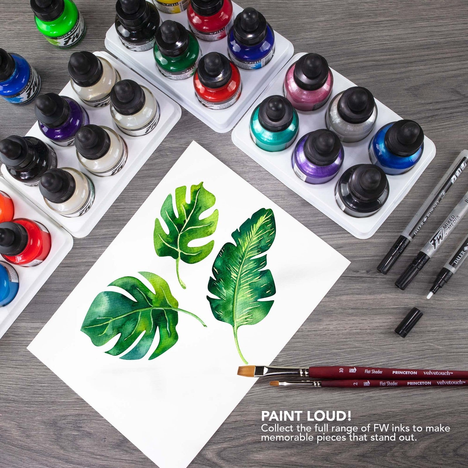 Daler-Rowney FW Acrylic Ink bottle in white for art and drawing, featuring a clear plastic container with black cap and white ink inside.