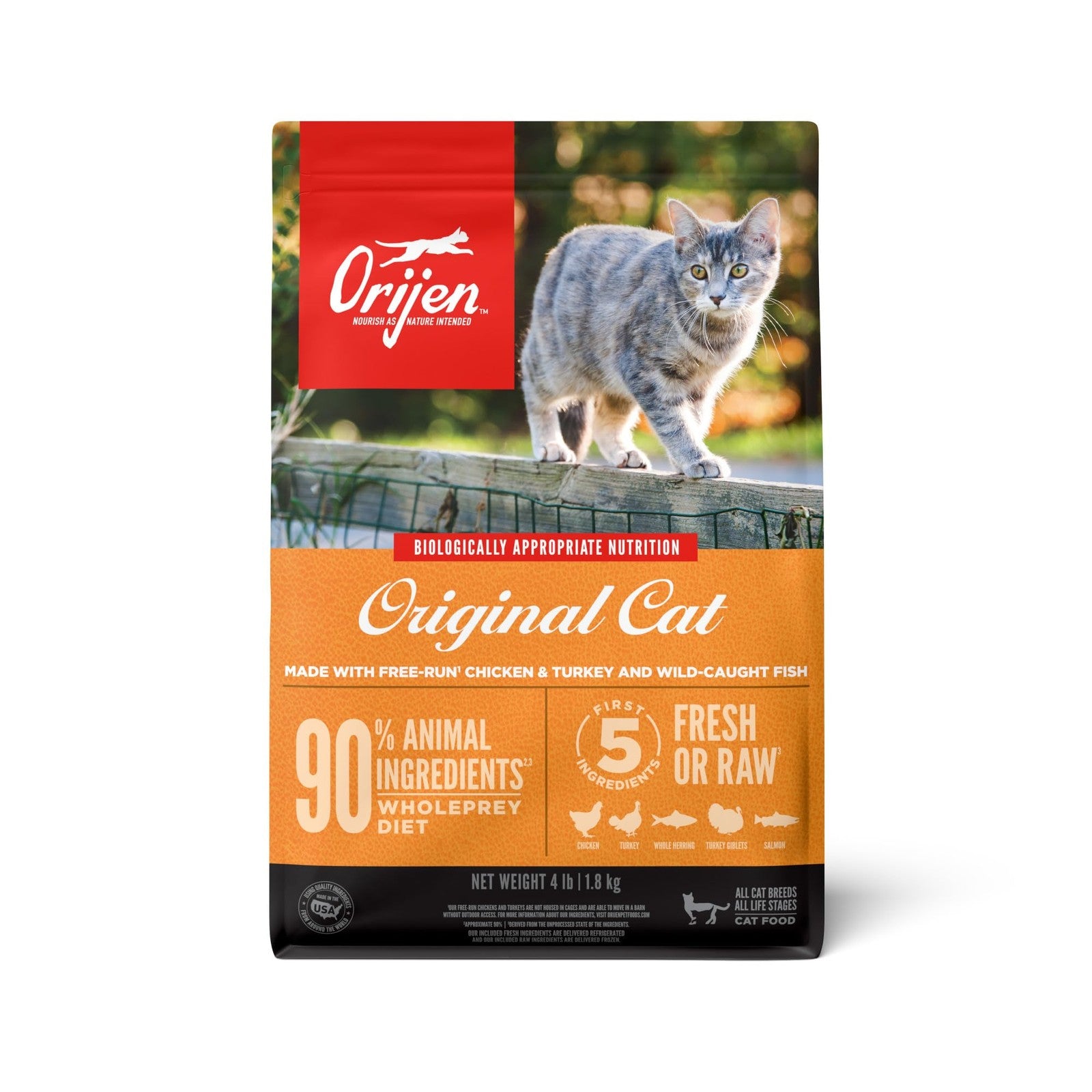 ORIJEN Grain Free High Protein Dry Cat Food in a 4lb bag, featuring the Original Recipe with natural ingredients and premium quality.
