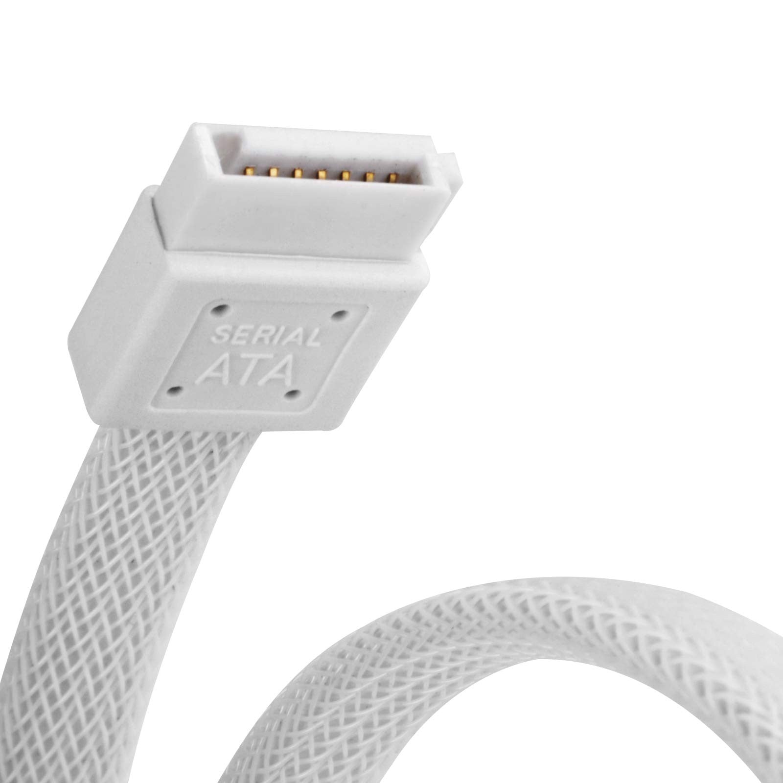 SilverStone SATA 3 CP07W white sleeved cable with EMI guard for 6Gb/s data transfer, designed for reliable computer storage connections.