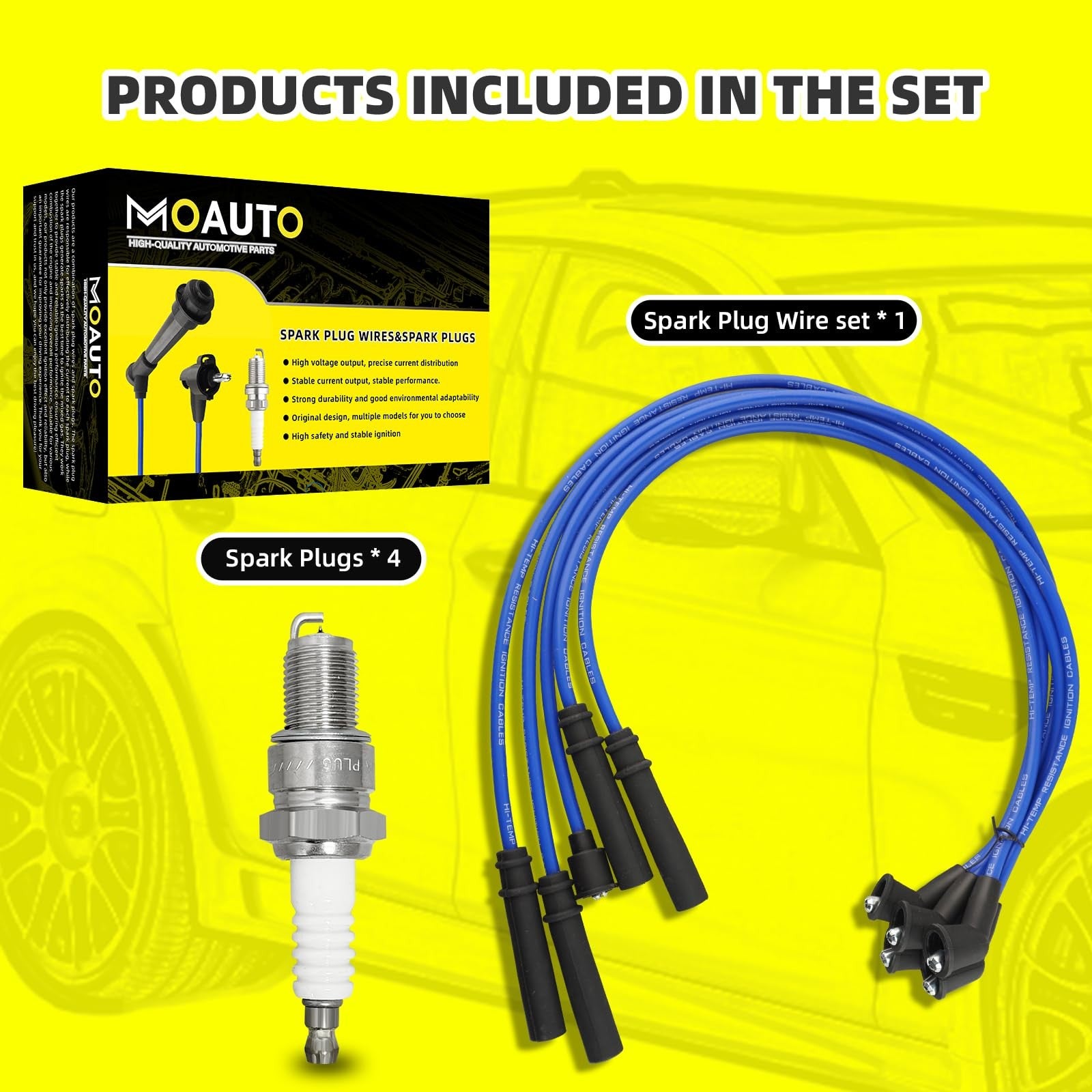 Set of 4 MOAUTO iridium spark plugs with wires for automotive engines, featuring the 671-4138 and RC-TX99A models.