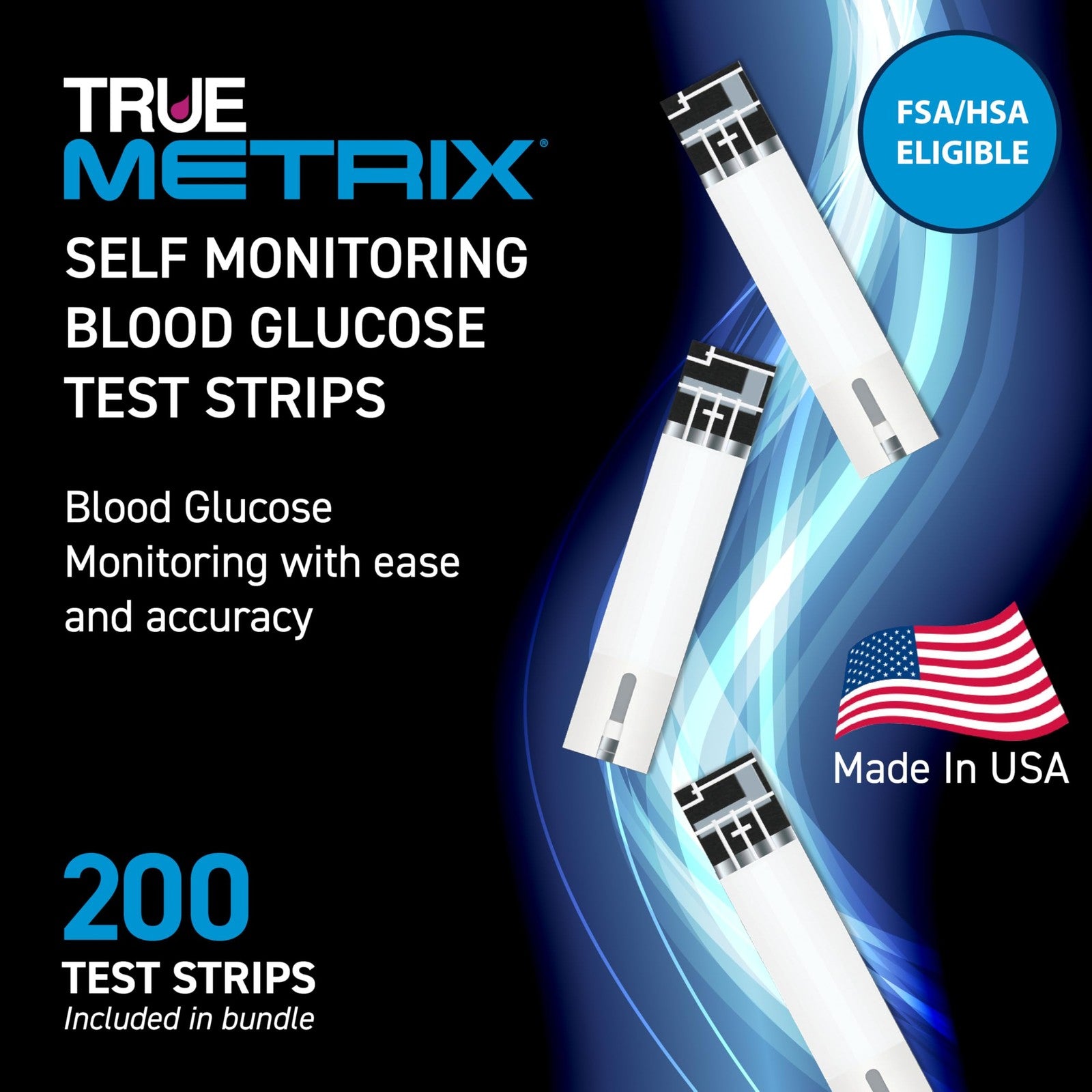 Two packs of True Metrix blood glucose test strips, each containing 100 strips, for diabetes blood sugar testing.
