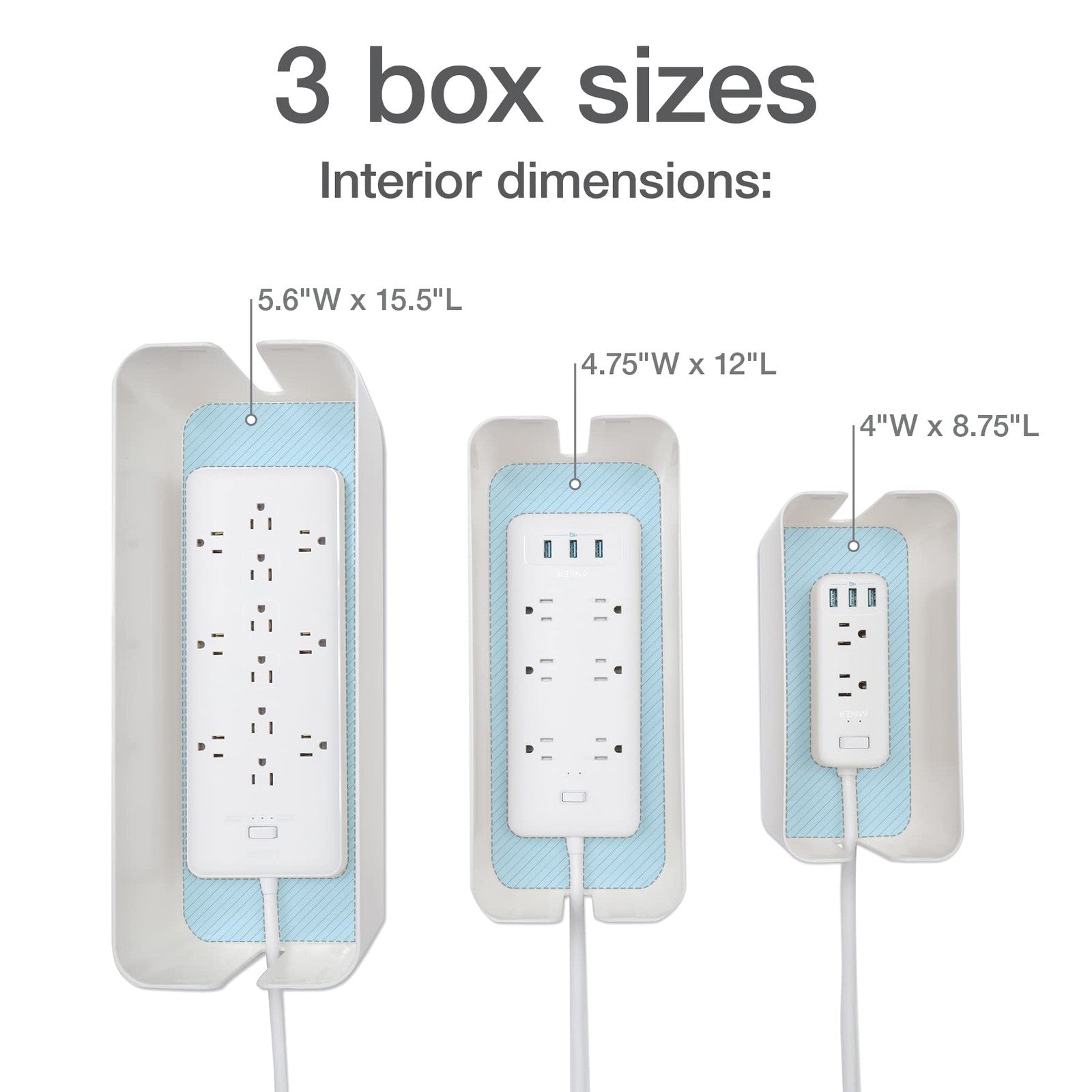 Oxford Cable Management Boxes 3-pack in small, medium, large with 15 cable ties, organized for neat cable storage and concealment.