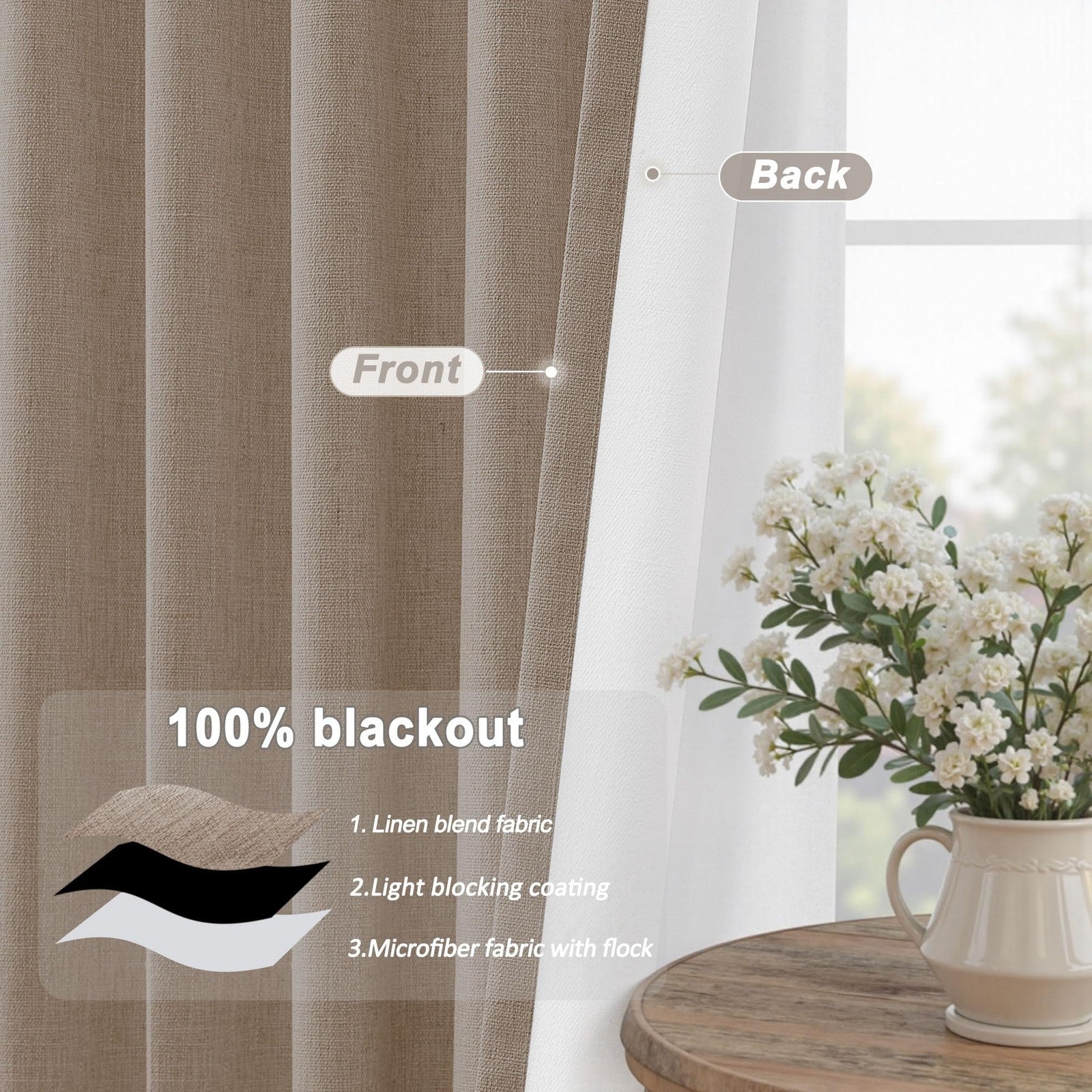 UHITECH 36-inch black blackout curtains for small nursery window, darkening drapes with back tab design in black fabric