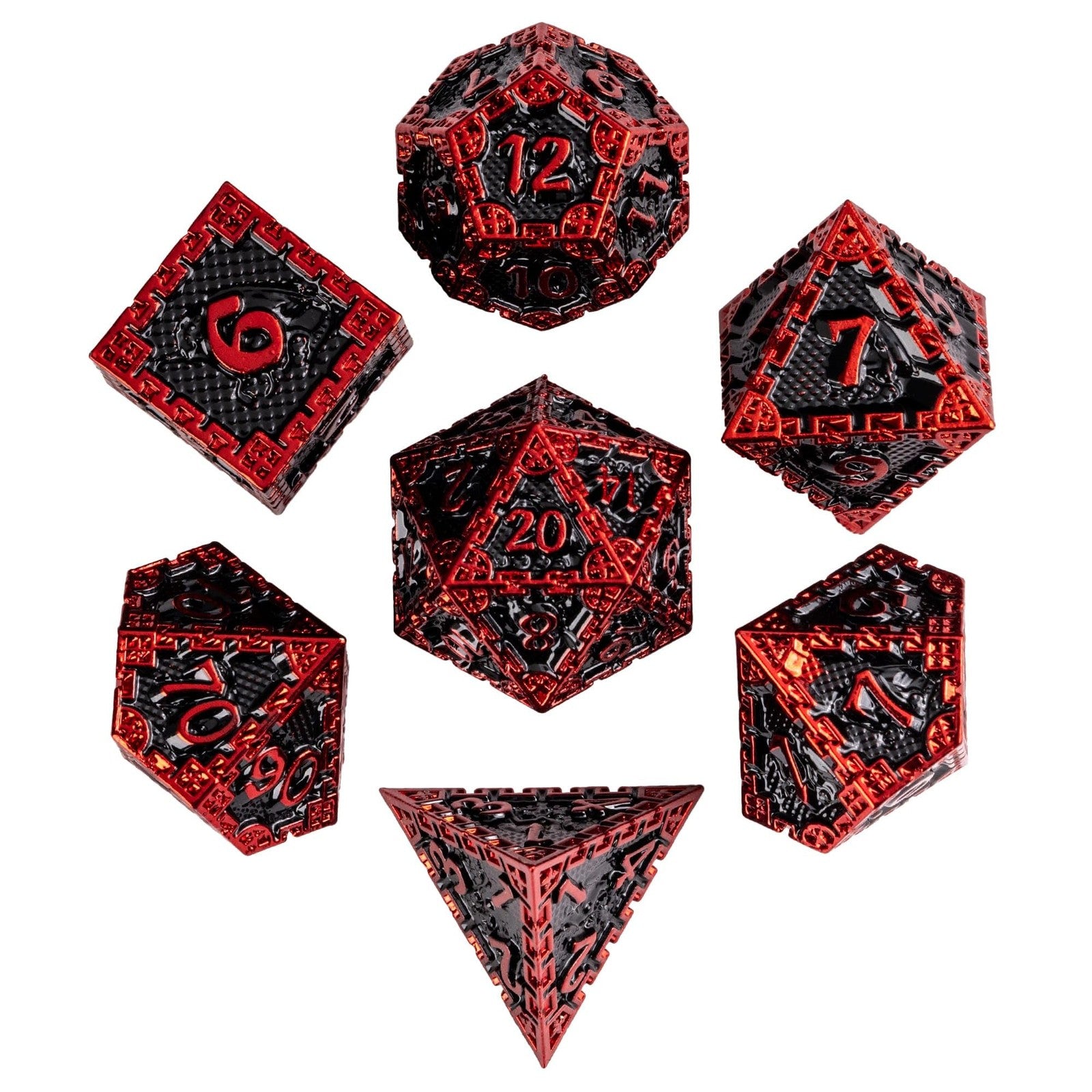 UDIXI metal D&D dice set with seven polyhedral dragon-themed metal dice, showcased on a neutral background.