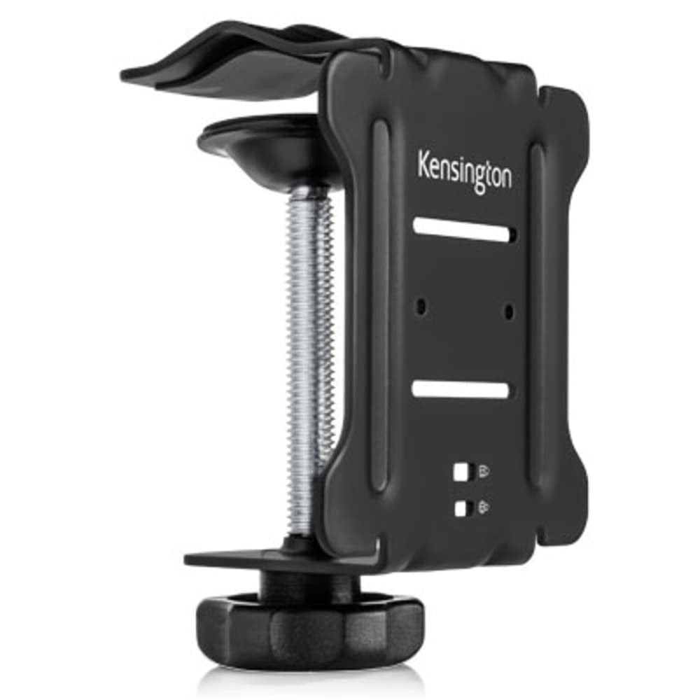 Kensington docking station mounting bracket with VESA compatibility and adjustable clamp, shown attached to a desk setup.