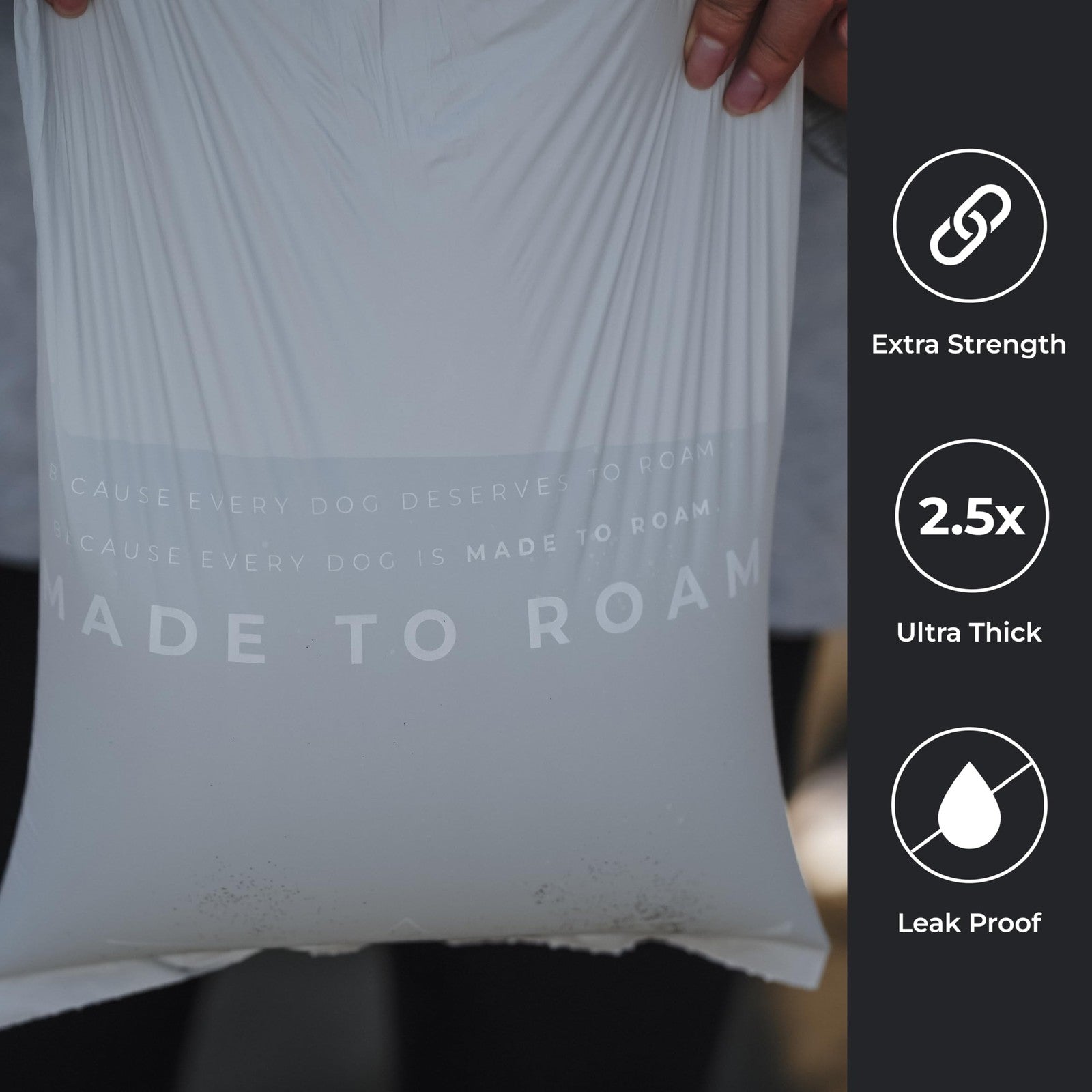 Made to Roam plant-based dog poop bag rolls, extra thick and leak-proof, shown in a bundle with rolled bags ready for use.