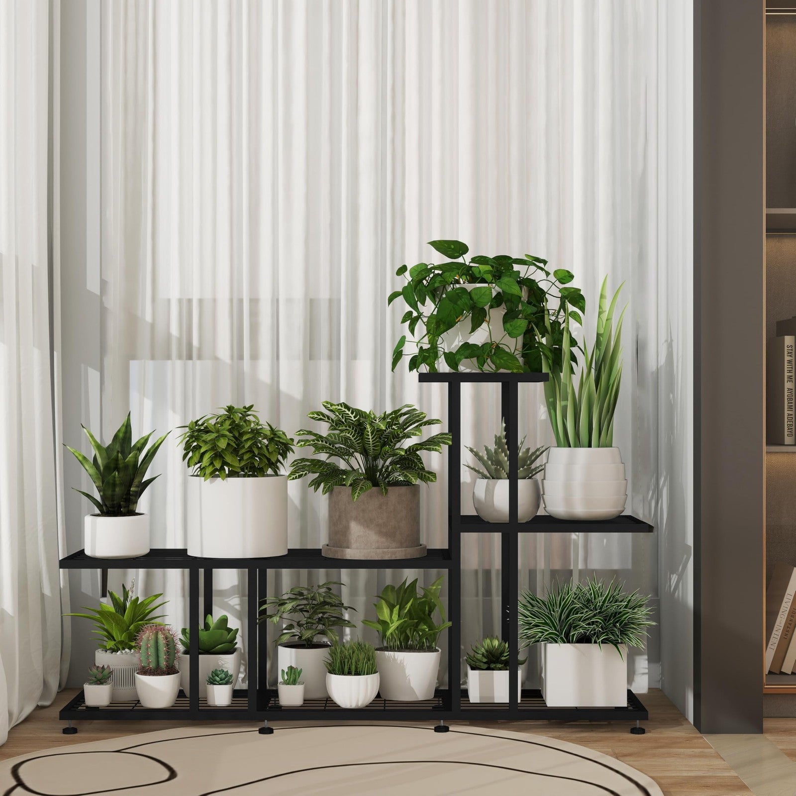 Black metal corner plant stand by HusDream for indoor and outdoor patio use, designed to hold potted plants in a corner space.