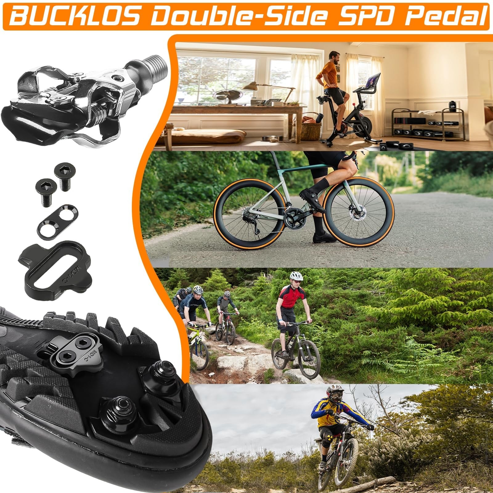 BUCKLOS SPD clipless MTB pedals PD-M760/M780 dual-sided mountain bike pedals with metal clips and black body.