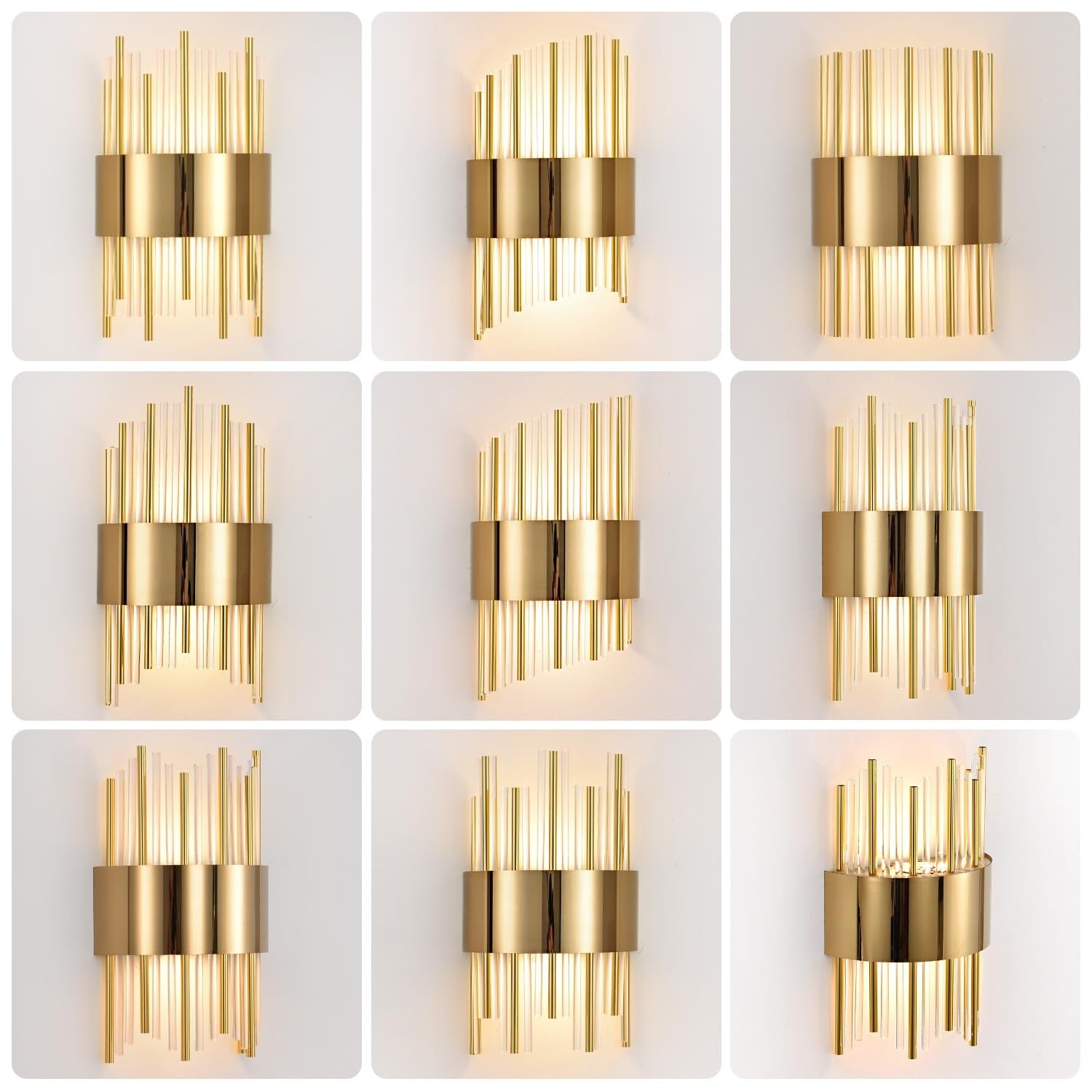 Gold modern crystal wall sconce with LED dimmable lighting, stylish fixture for contemporary interior decor.