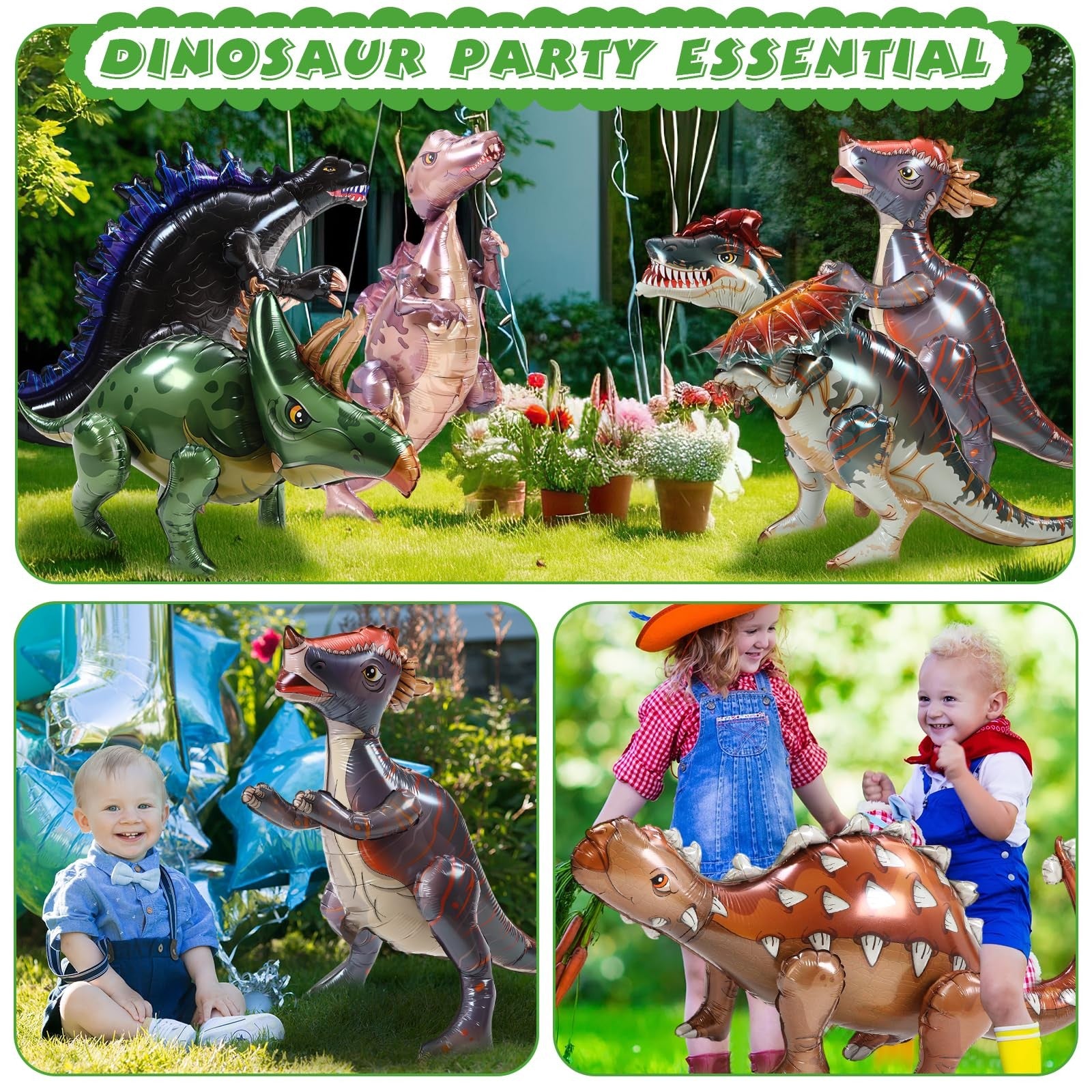 Vinsot 8-pack giant inflatable dinosaur toys for birthday party decorations, featuring colorful 3D dinosaur designs.