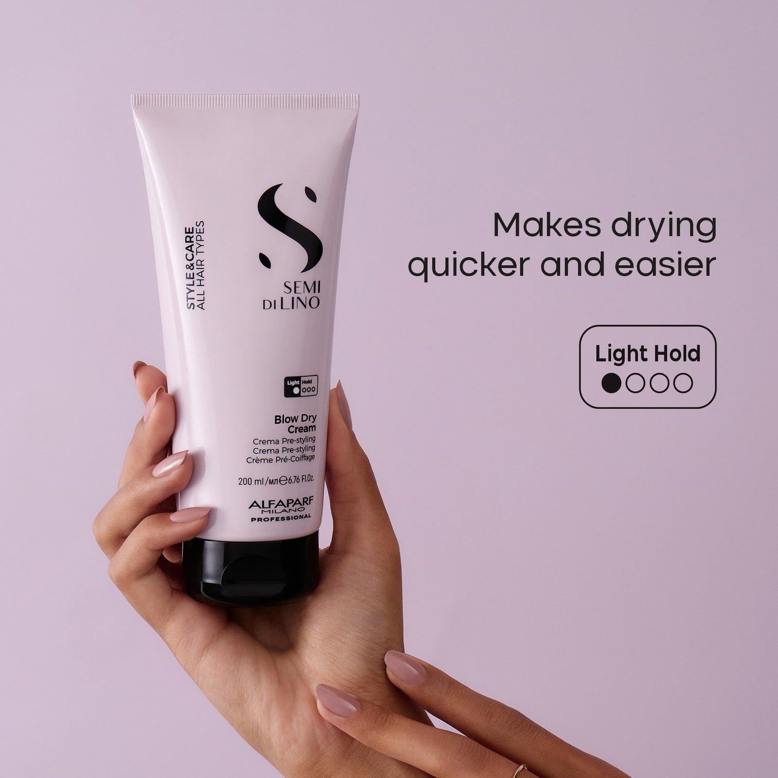 ALFAPARF MILANO Semi di Lino Style & Care Blow Dry Cream with light hold for styling, shown in a tube packaging.