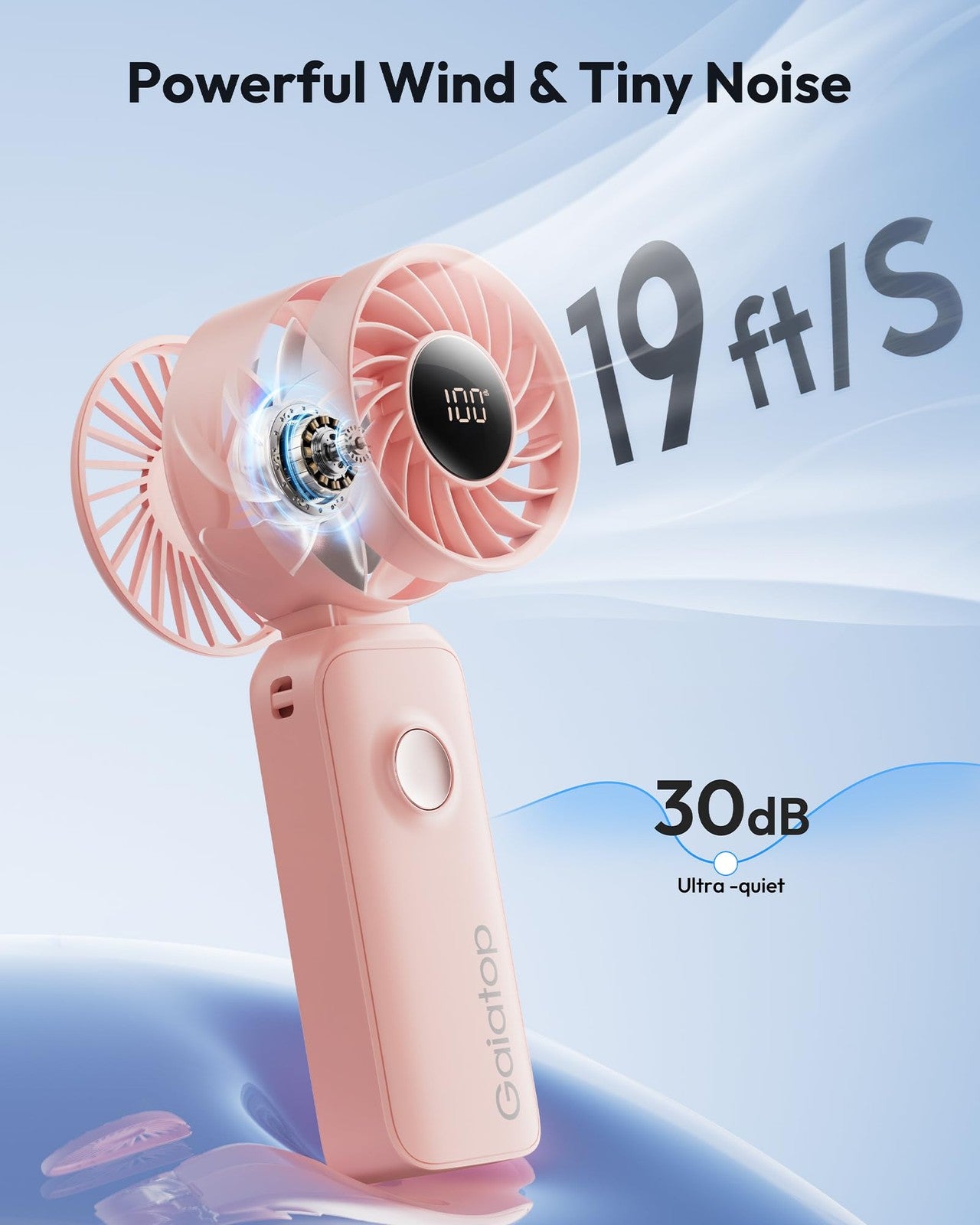 Gaiatop portable handheld fan with 5 speed settings, rechargeable battery, and 3-in-1 neck design, shown with adjustable parts.