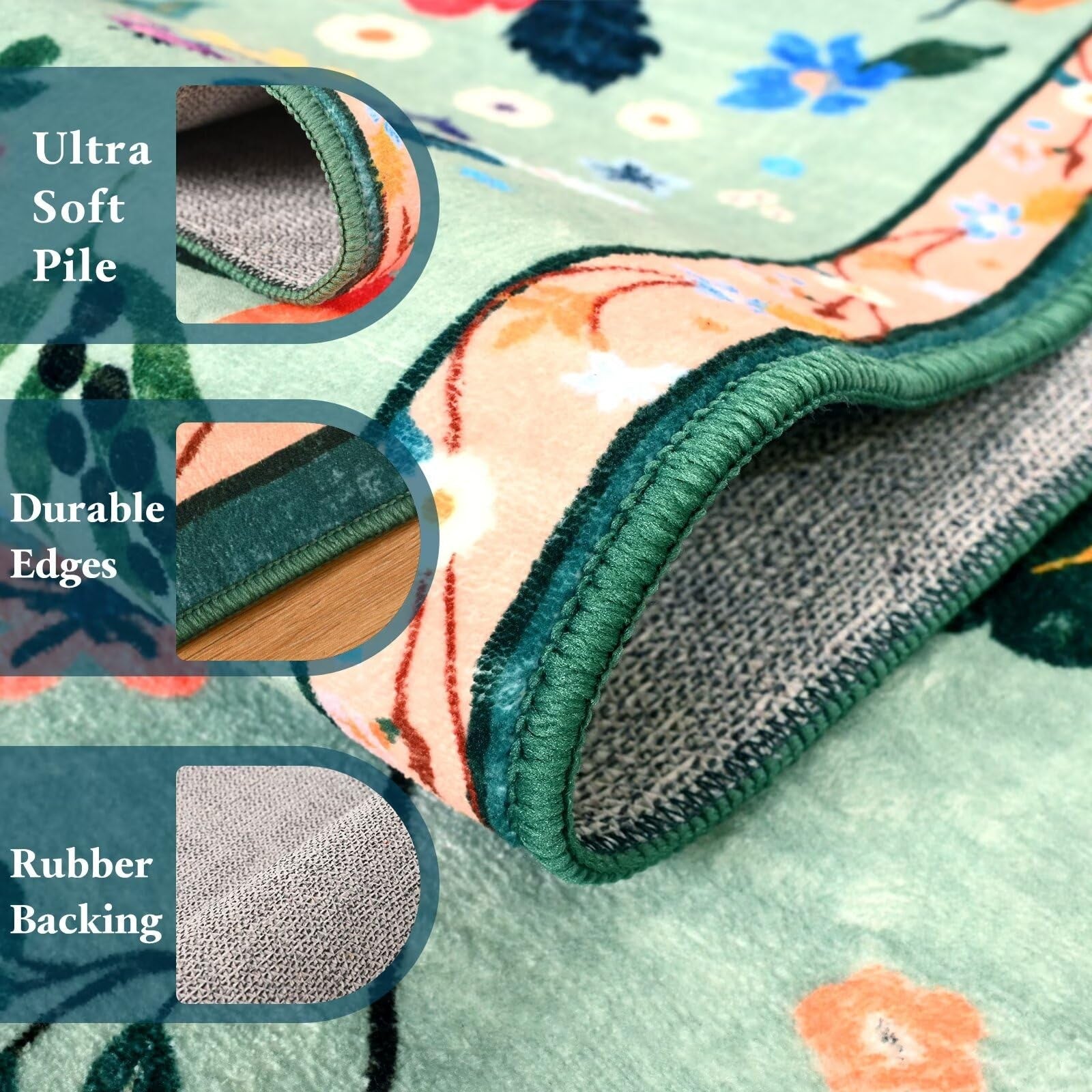 Macgace floral runner rug with 2x6 size, washable, non-slip backing, featuring colorful printed flower design on a fabric surface.