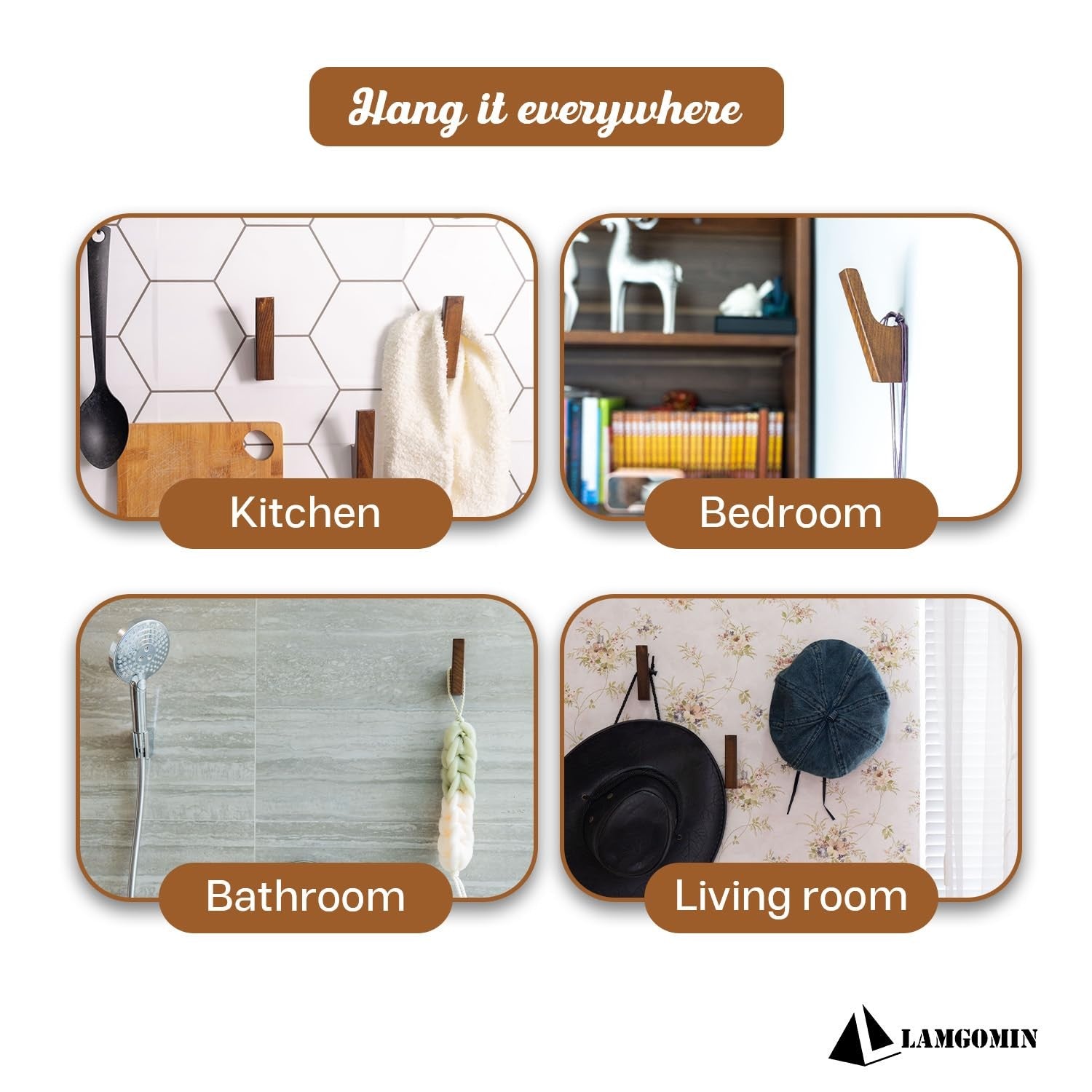 LAMGOMIN wood wall hooks set with four rustic, minimalist coat and hat hooks mounted on a wooden wall.