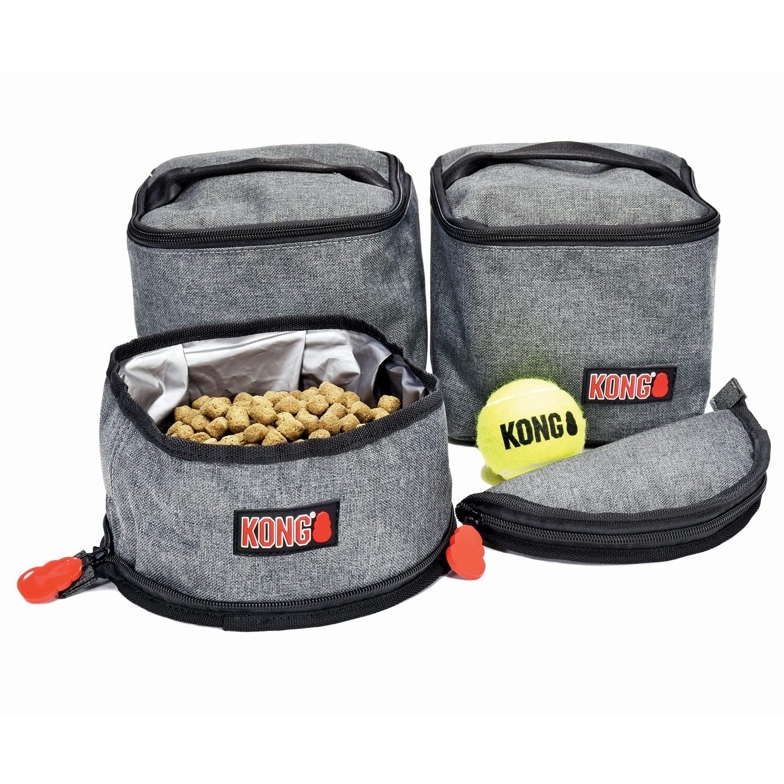 KONG 5-piece pet travel bag set with washable tote, food storage containers, and collapsible bowls for pet travel accessories