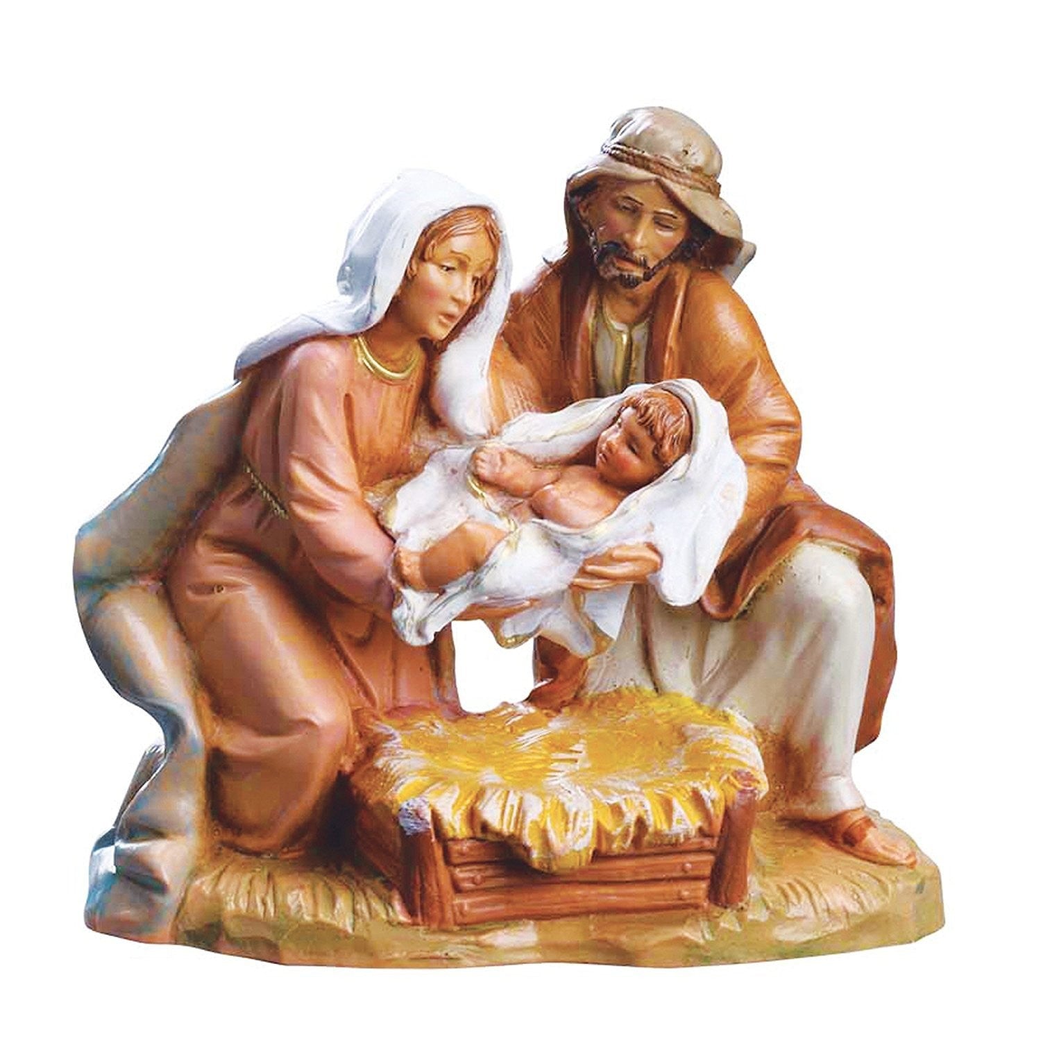 Fontanini Holy Family nativity figurines featuring Mary, Joseph, and baby Jesus from The Birth of Christ collection, 5-inch display.