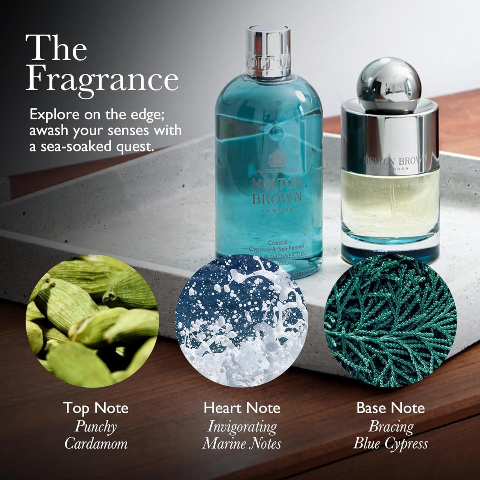 Molton Brown Coastal Cypress & Sea Fennel conditioner bottle with label and product details.