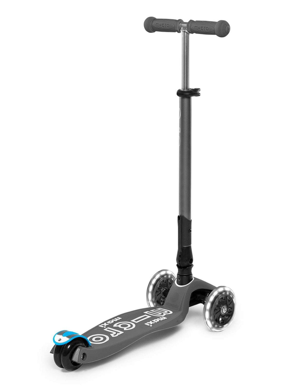 Micro Kickboard Maxi Deluxe foldable LED three-wheeled lean-to-steer scooter for kids, shown in a sleek, compact design.