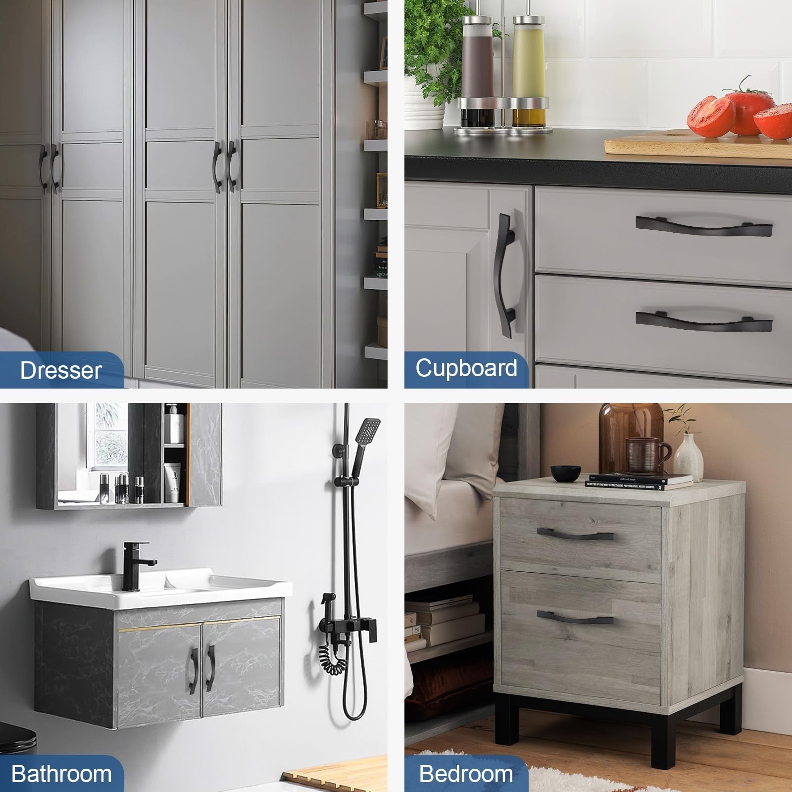Set of 10 Knobonly matte black cabinet handles, 3-inch (76mm) hole centers, ideal for drawers and cabinets, with durable PU finish.