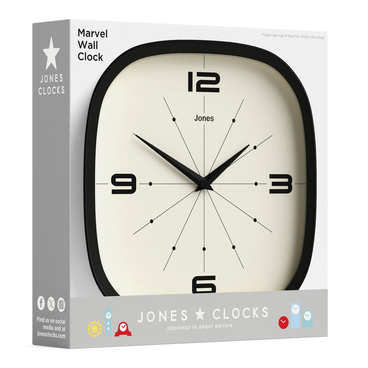 Jones Clocks Pulsar 10-inch blue retro square wall clock with rounded edges, showcasing a cool vintage design.