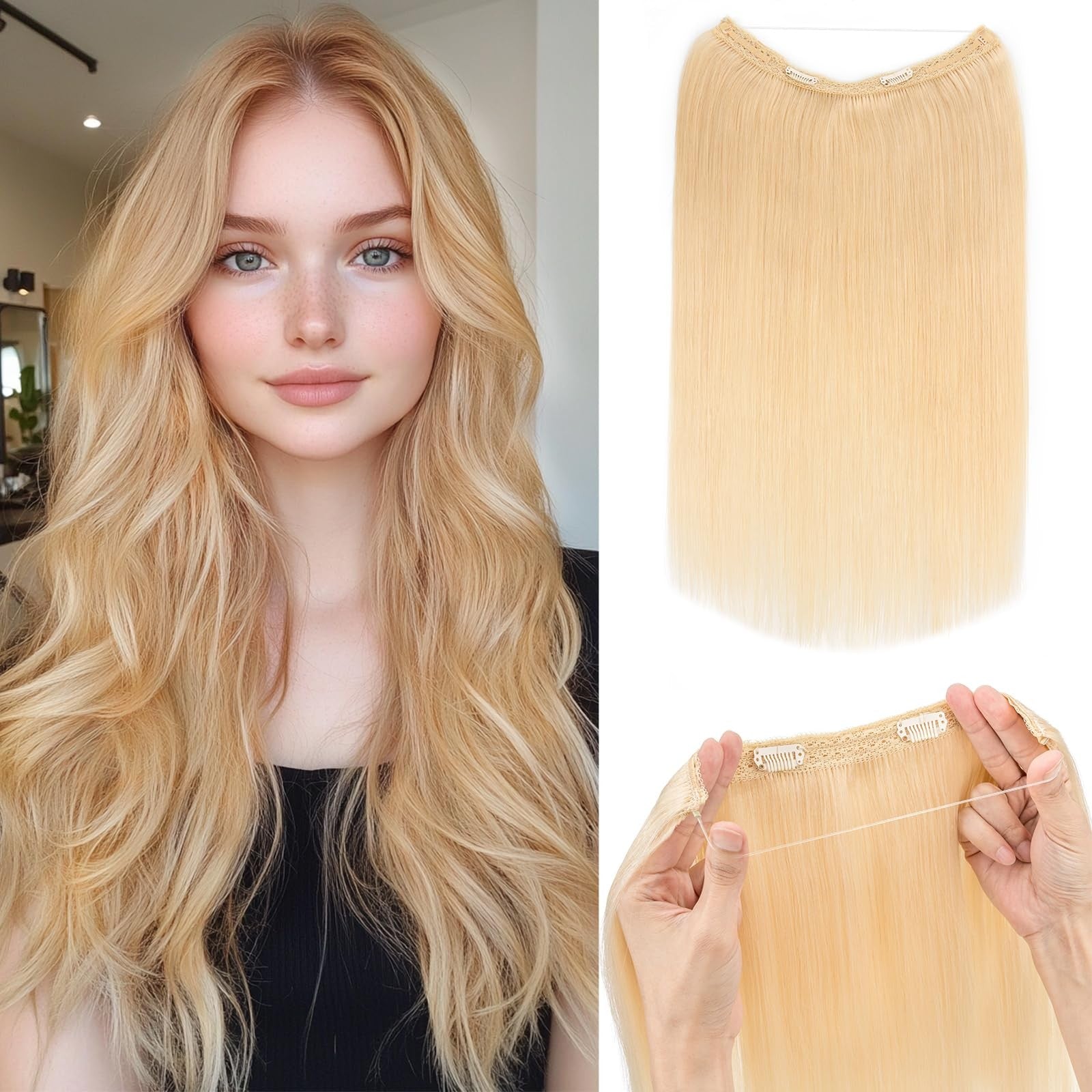 Rich Choices Halo Hair Extensions made of 100% Remy human hair, shown spread out on a white background.
