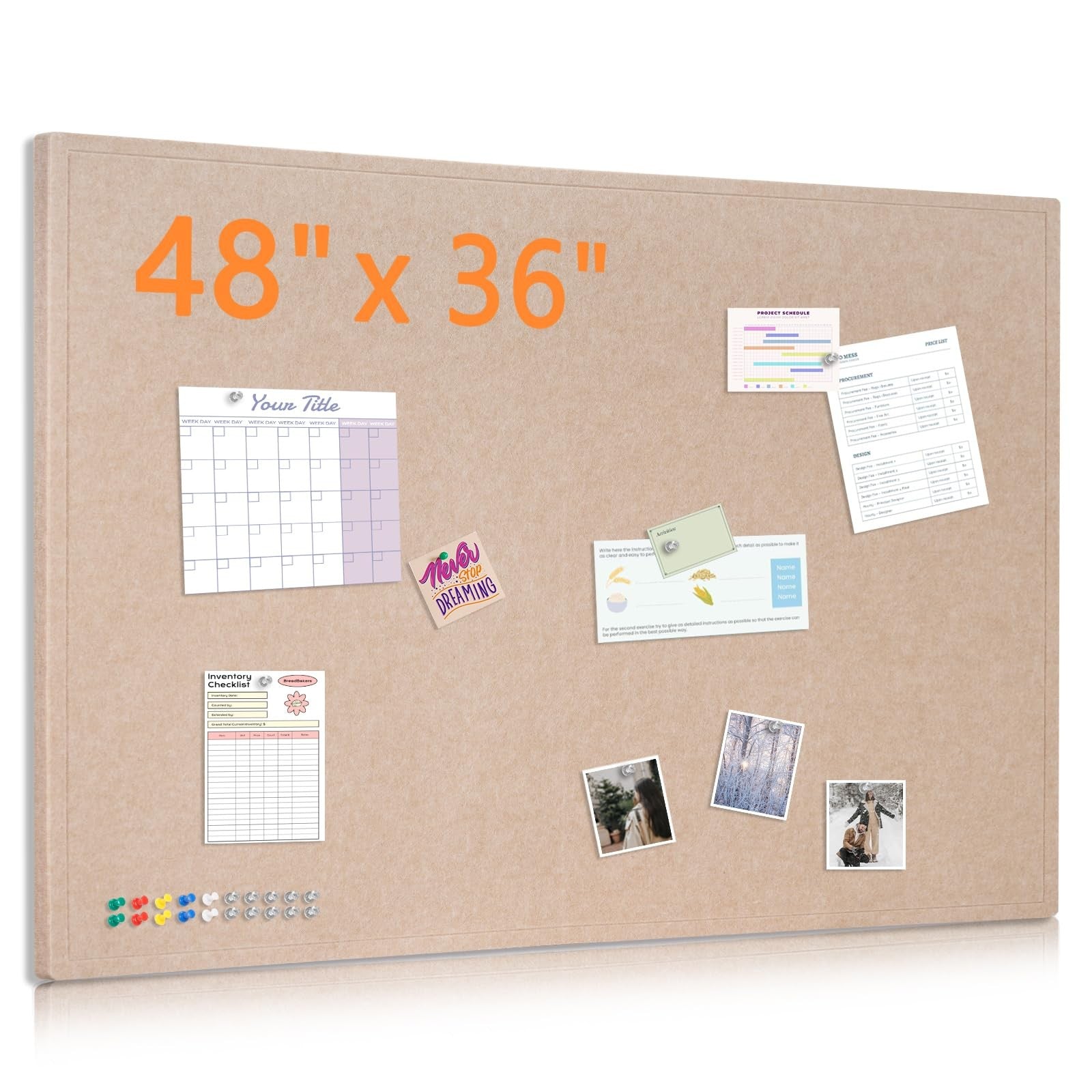 Dollar Boss large 48x36 inch foldable felt cork bulletin board with decorative frame, ideal for office or home use.