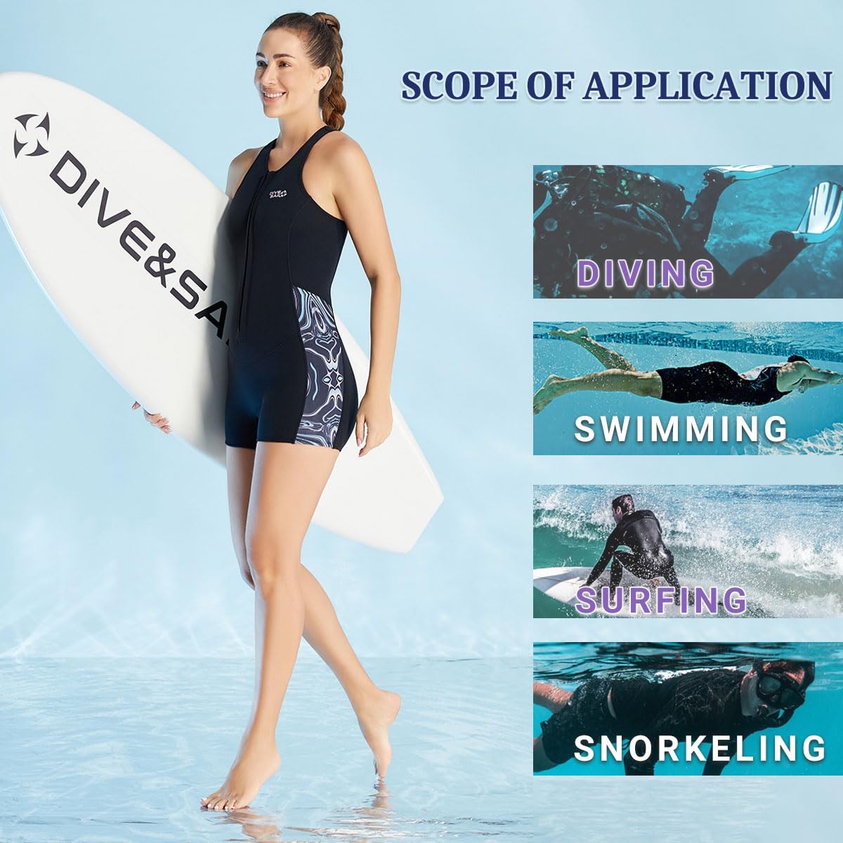 DIVE & SAIL women's 2mm sleeveless shorty wetsuit with front zip, one-piece swimwear suitable for water activities.