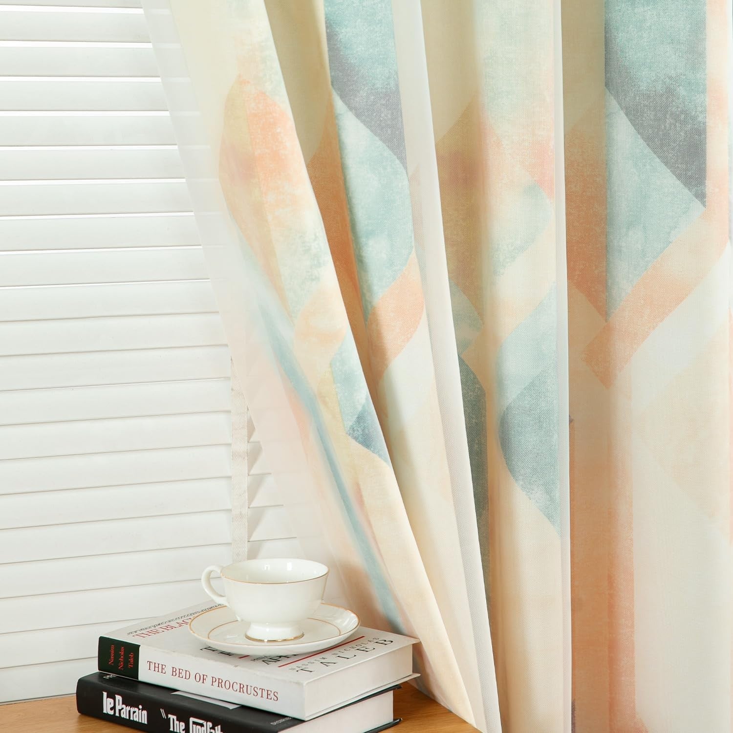Leeva linen textured double layered curtains with geometric print, providing privacy and stylish window decor.