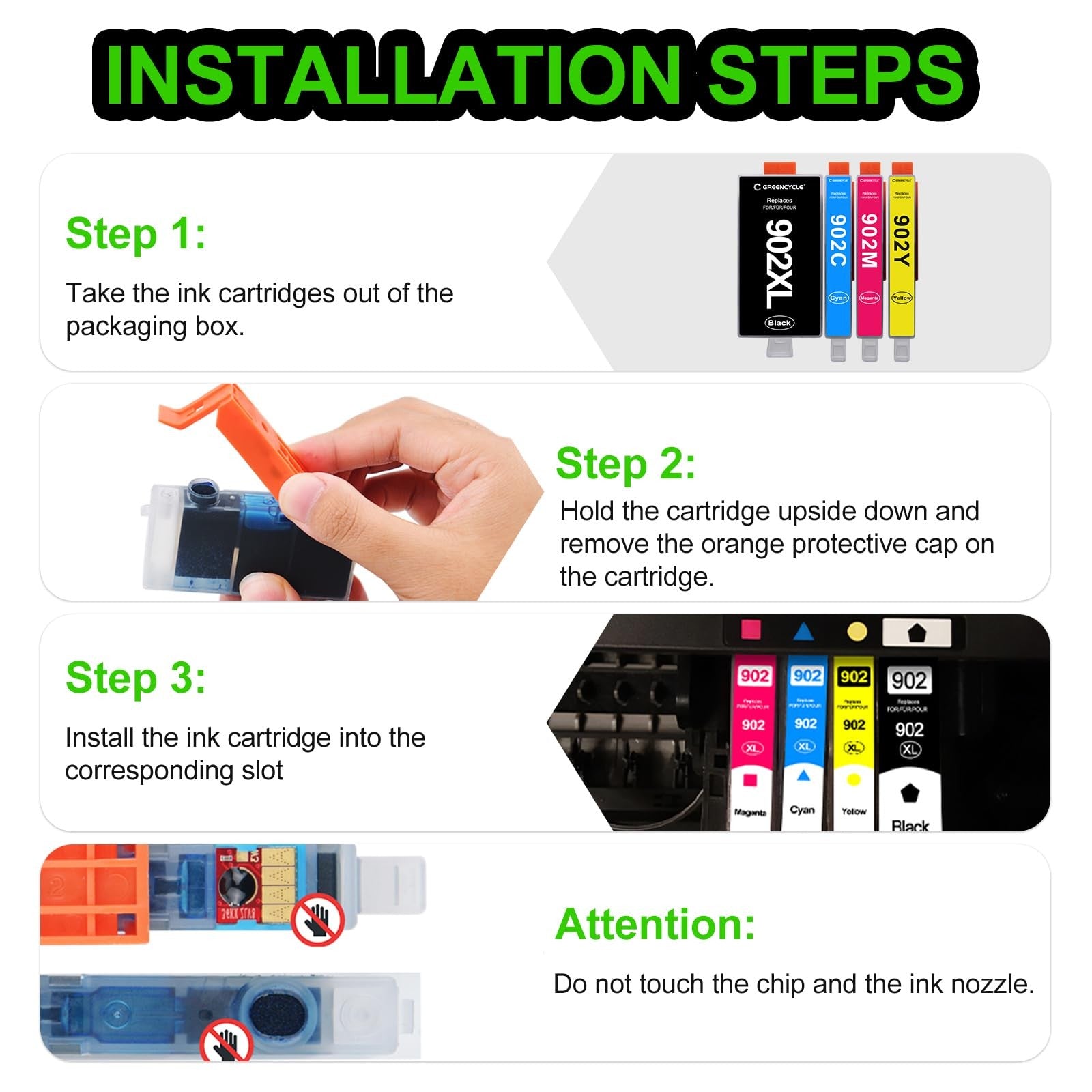 GreenCycle HP 902 XL ink cartridges combo pack for HP Officejet printers, including green, black, and color ink replacements.