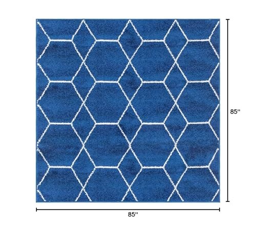 Navy blue geometric area rug from Unique Loom Trellis Frieze Collection, featuring a modern square trellis pattern on a soft textured surface.