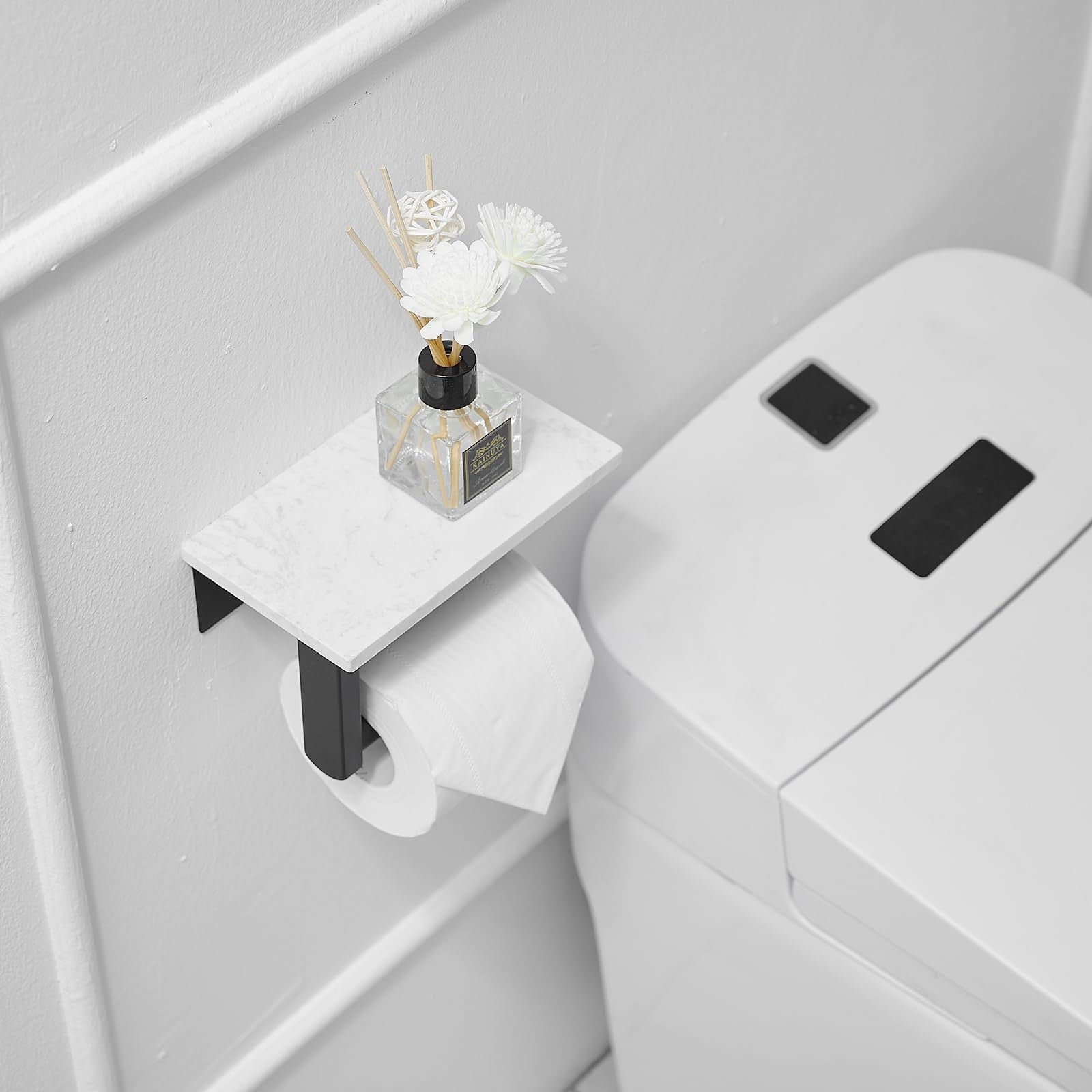 Matte black BWE marble toilet paper holder with shelf, wall-mounted, made of 304 stainless steel, designed for bathroom use.