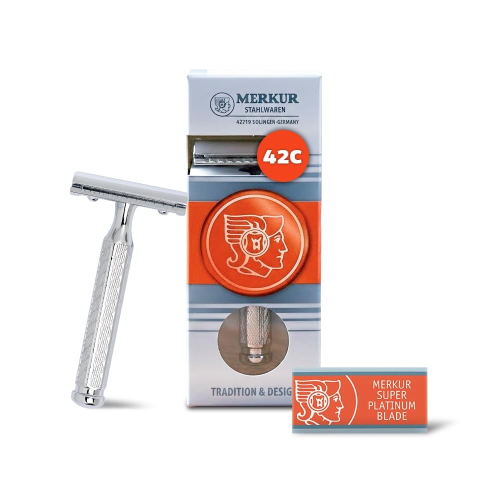 MERKUR 42C safety razor with hexagonal handle, 3-piece design, featuring a double edge blade for close shaving.