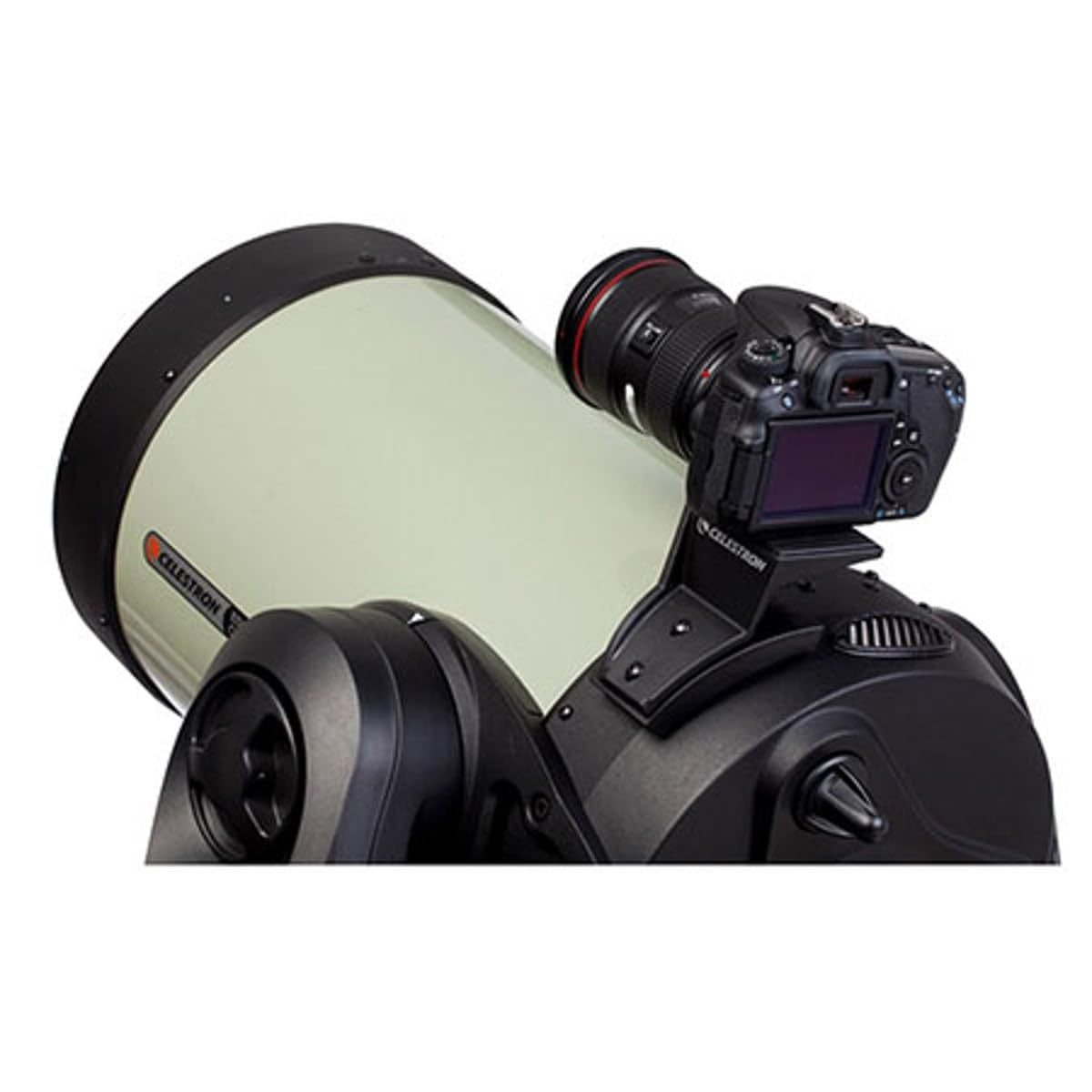 Celestron 93609 Universal Camera Piggyback Mount attached to SCT telescope for astrophotography setup.