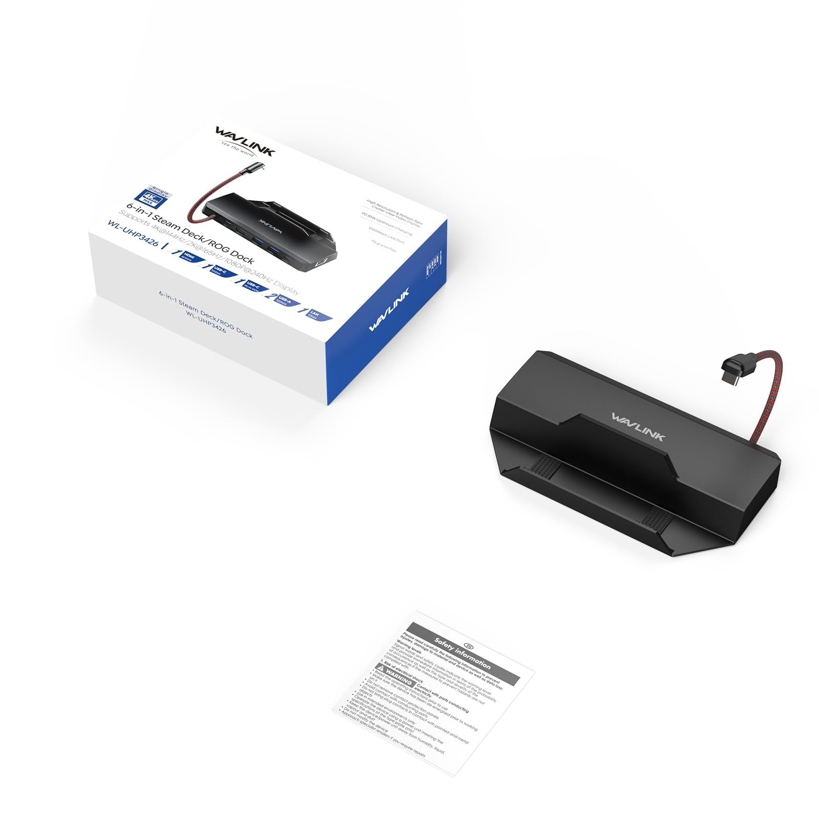 WAVLINK 6-in-1 Steam Deck Docking Station with 4K@144Hz HDMI 2.1, 100W PD, and three USB ports for gaming and connectivity.