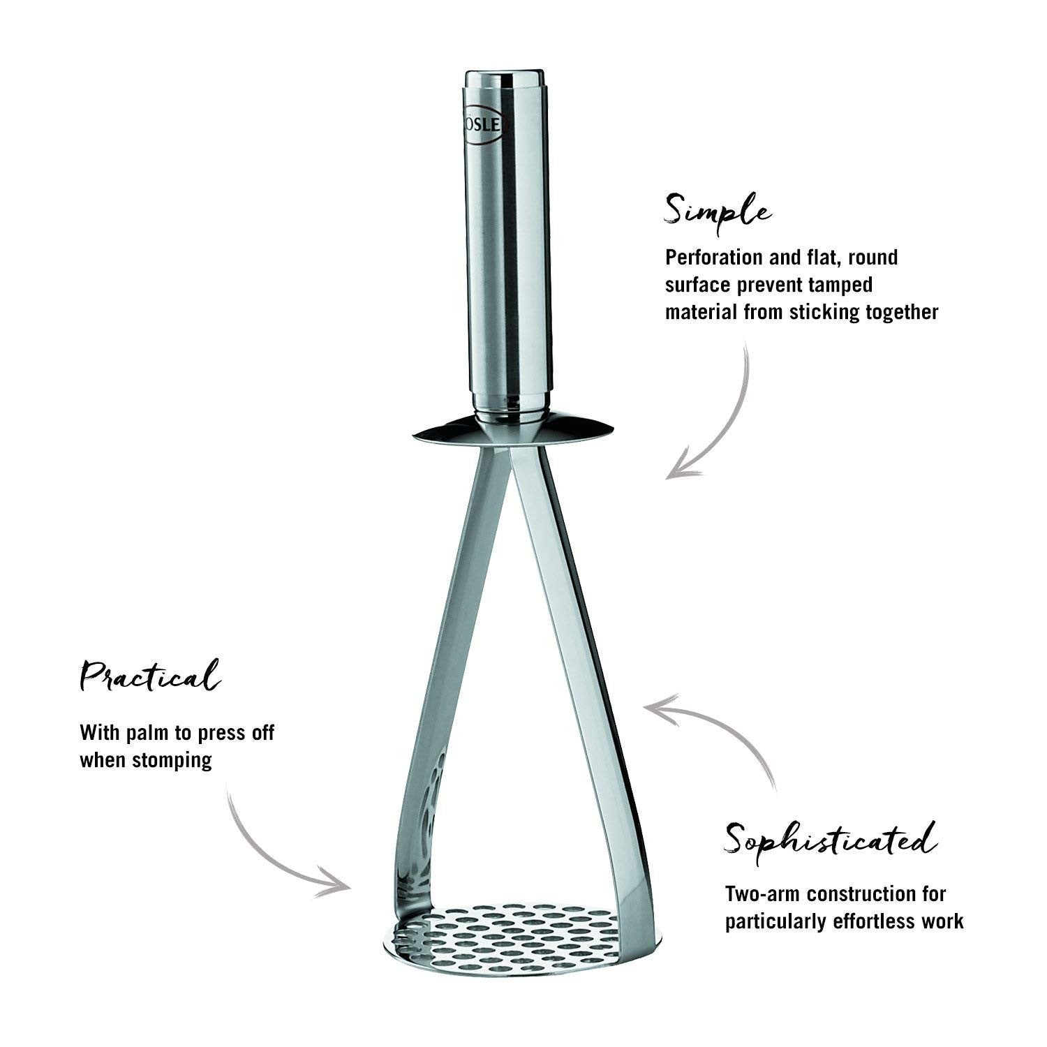 Rösle potato masher with stainless steel handle and perforated mashing plate, ideal for mashing potatoes and root vegetables.